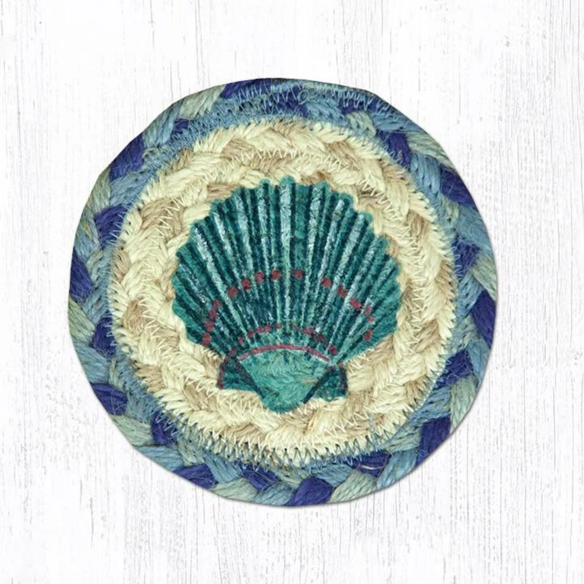 Earth Rugs Blue Scallop Coaster – 5"x5" Braided Jute with Coastal Seashell Print for Nautical Beach House or Ocean-Inspired Decor