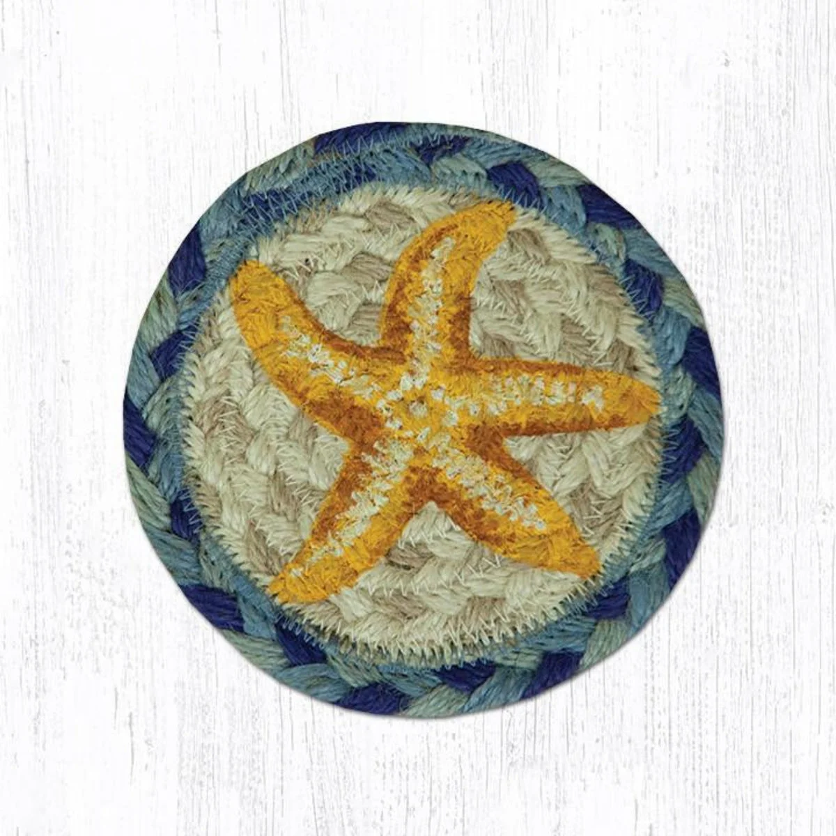 Earth Rugs Starfish Coaster – 5"x5" Braided Jute with Hand-Printed Starfish Design for Coastal, Nautical, and Beach House Decor