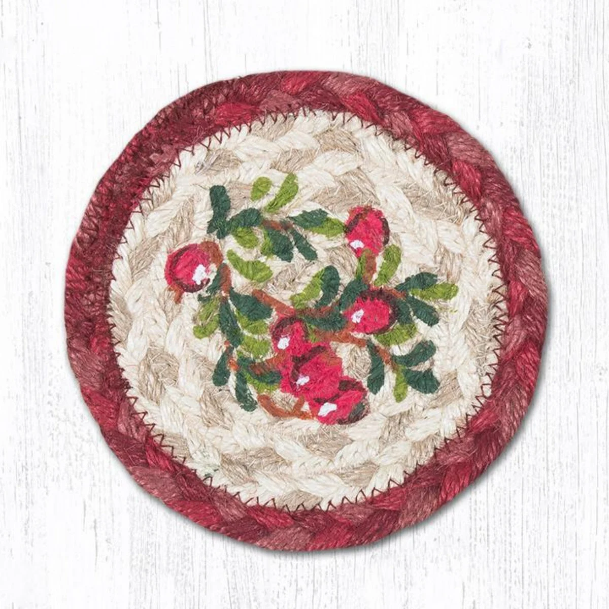 Earth Rugs Cranberries Coaster – 5"x5" Braided Jute with Hand-Printed Berry Design for Farmhouse, Holiday, and Rustic Kitchen Decor