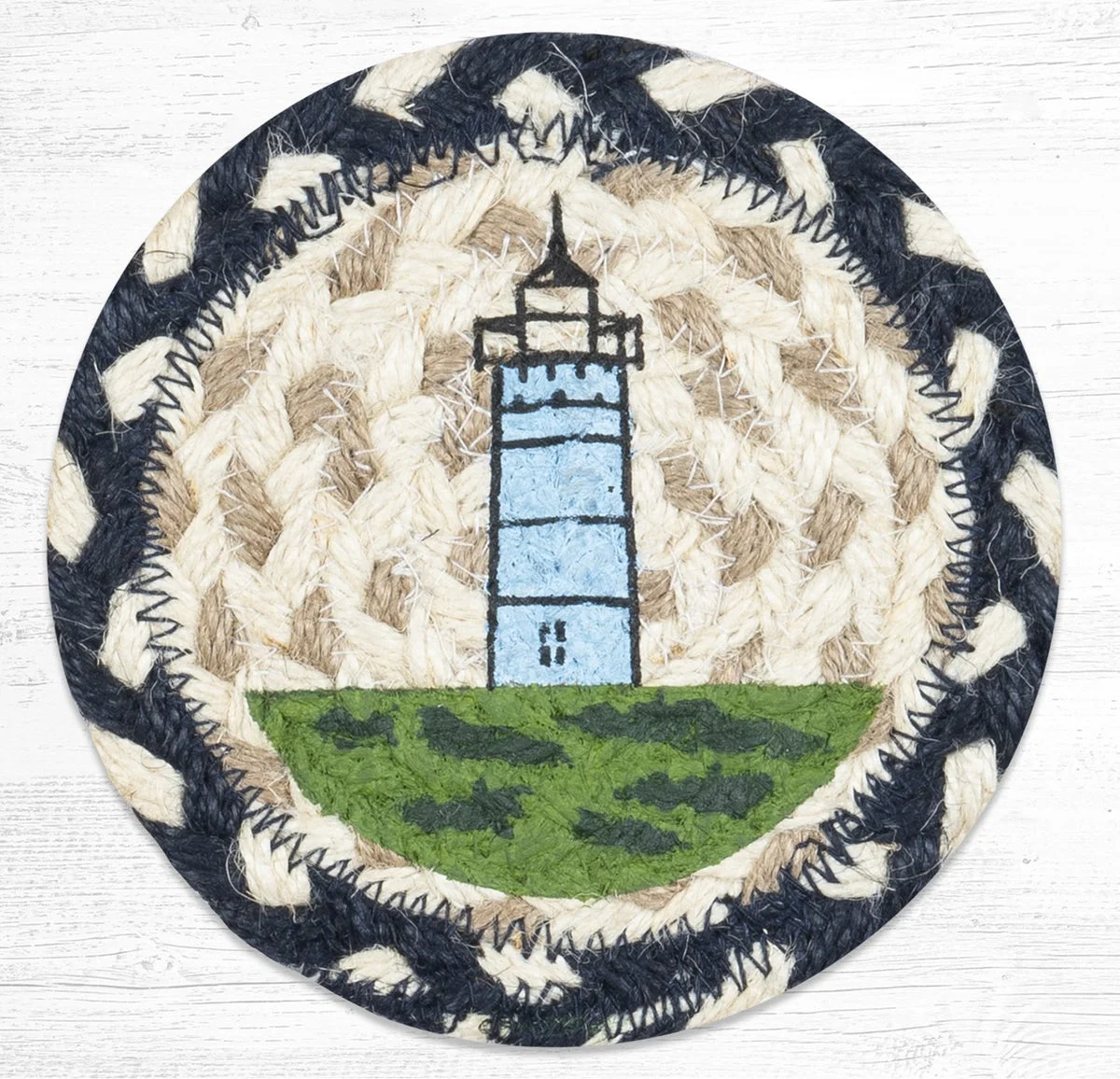 Earth Rugs Nubble Lighthouse Coaster – 5"x5" Braided Jute with Nautical Lighthouse Print for Coastal