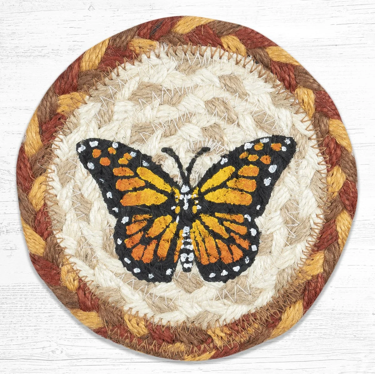 Earth Rugs Monarch Butterfly Coaster – 5"x5" Braided Jute with Hand-Printed Monarch Design for Nature, Garden, or Rustic Decor