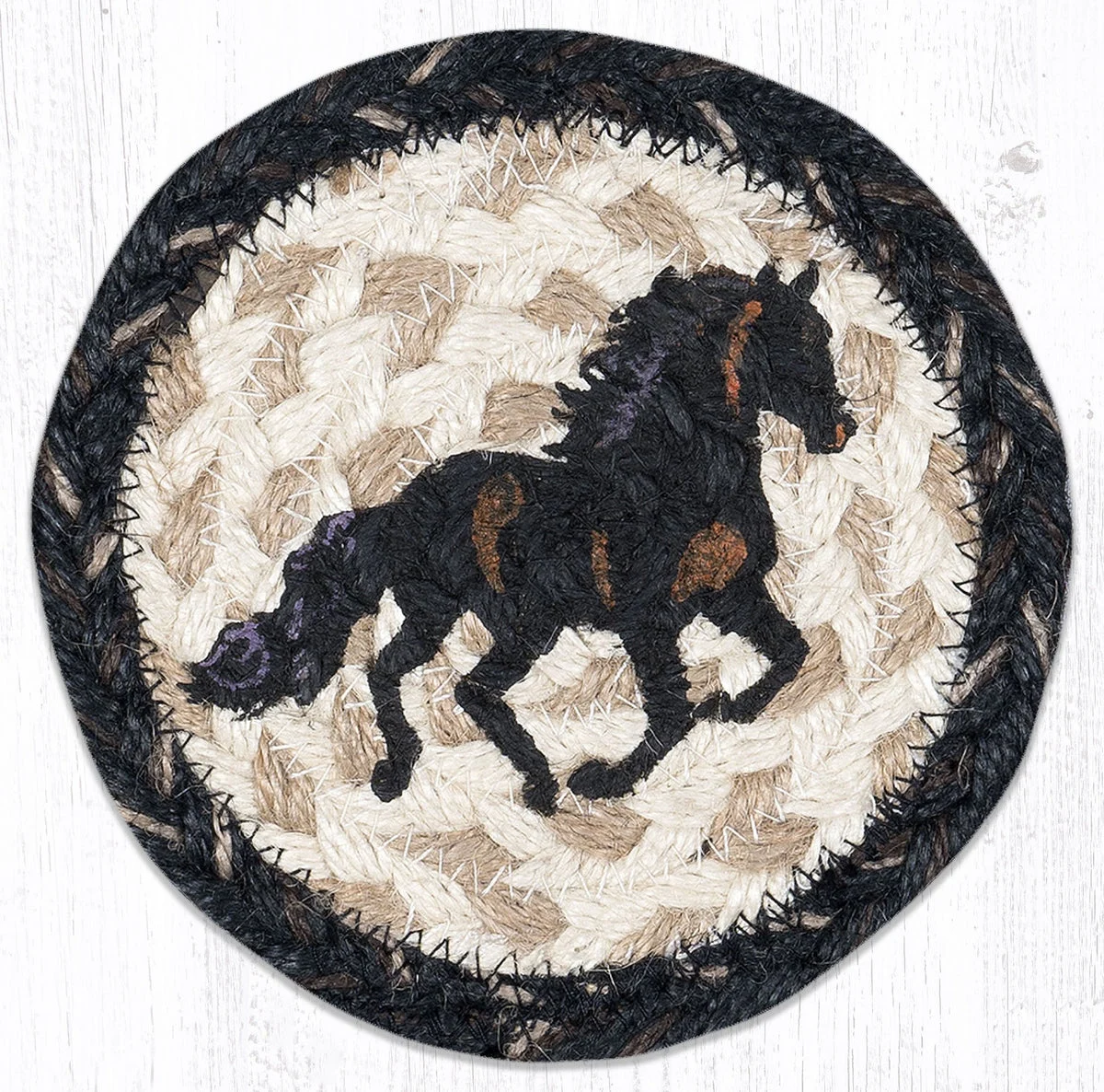 Earth Rugs Stallion Coaster – 5"x5" Braided Jute with Running Horse Silhouette for Western, Ranch, or Equestrian Decor