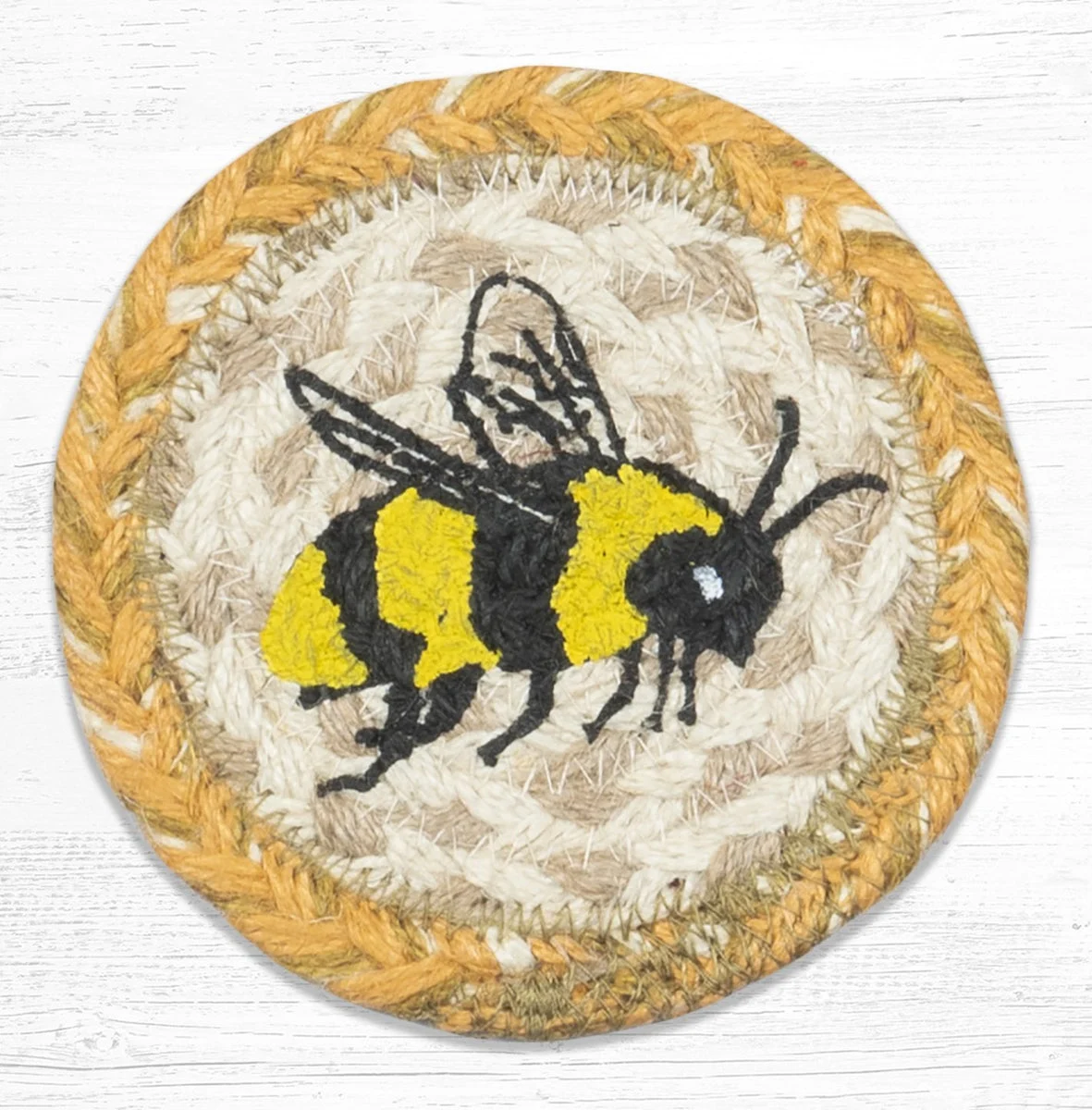 Earth Rugs Bee Coaster – 5"x5" Braided Jute with Hand-Printed Bee Design for Farmhouse, Garden, or Nature-Inspired Decor