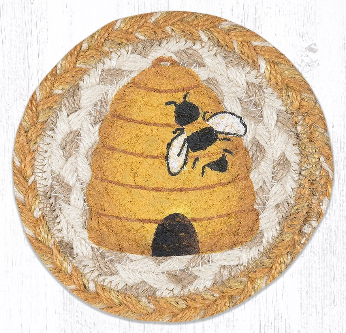 Earth Rugs Beehive Coaster – 5"x5" Braided Jute with Honeybee and Hive Print for Farmhouse, Nature, or Cottagecore Decor