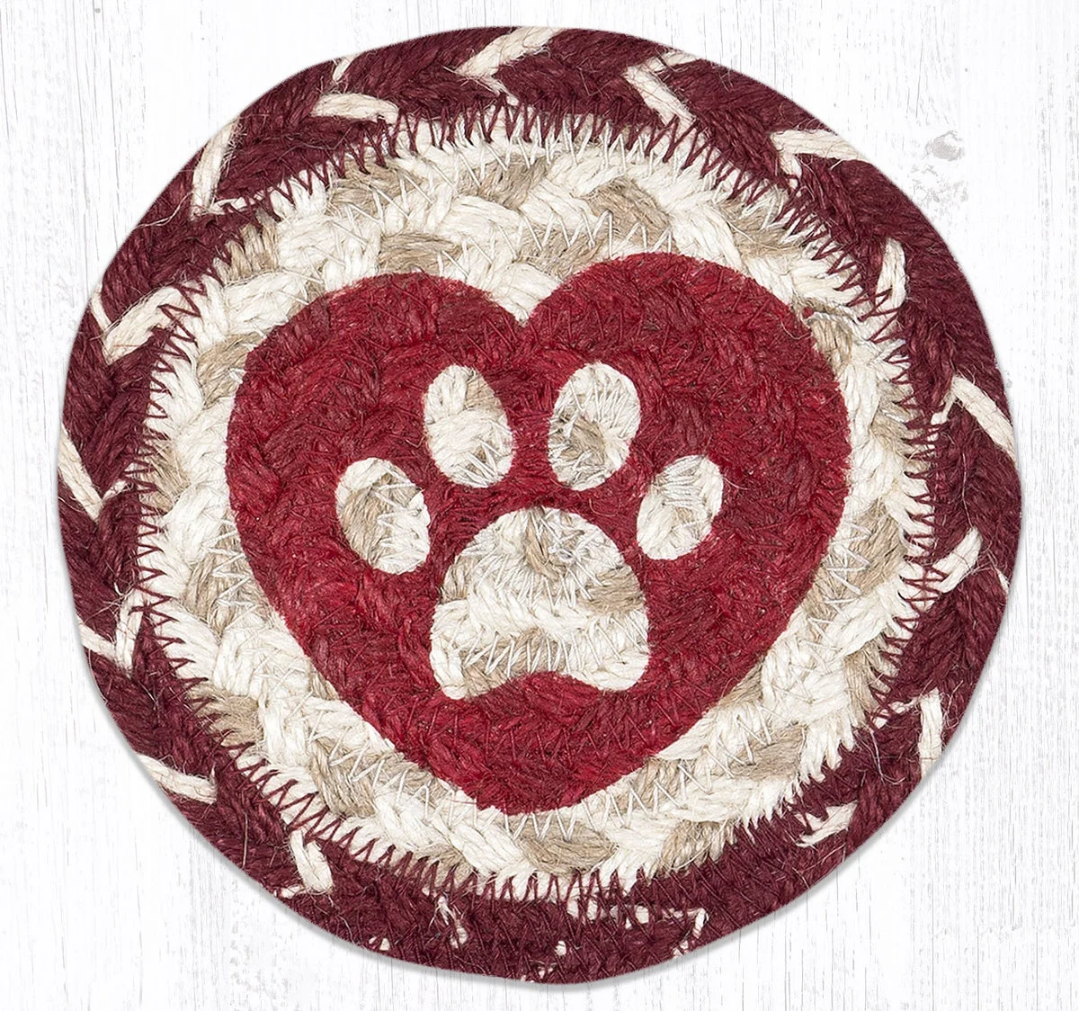 Earth Rugs Heart Paw Printed Jute Coaster 5"x5" Round Handcrafted Tabletop Accent