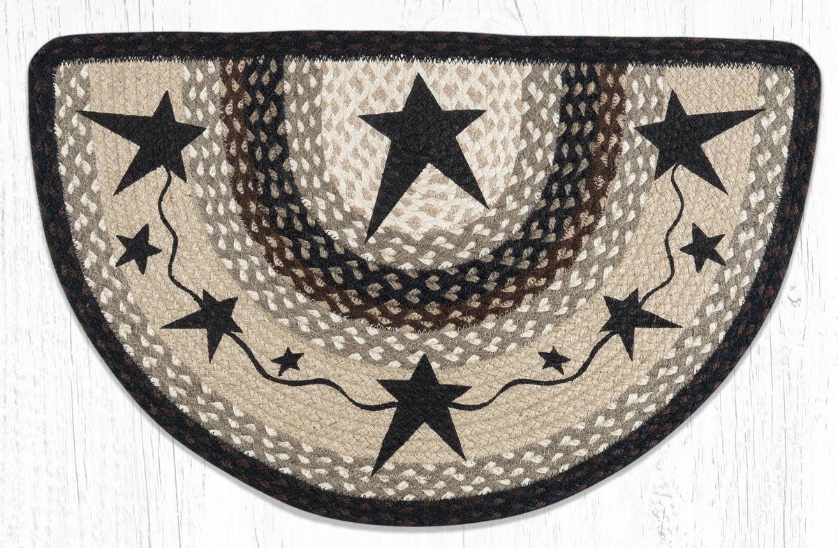 Earth Rugs Primitive Stars Black Printed Slice 18"x29" – Half-Moon Braided Jute Rug with Americana Folk Art Design