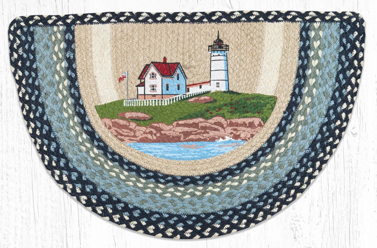 Earth Rugs Nubble Lighthouse Slice Tread Rug, 18"x29", Nautical Print, Hand-Stenciled Jute, Coastal Accent Mat