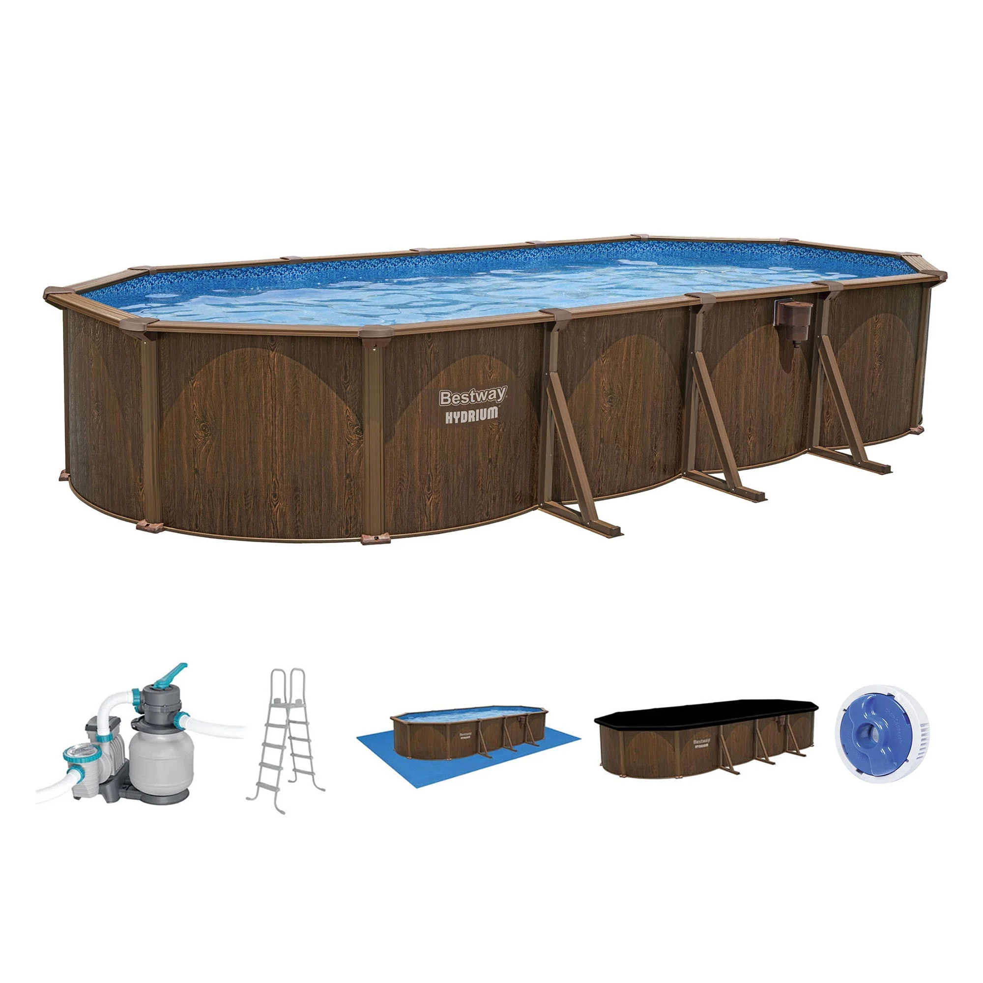 Bestway Hydrium 24'x12'x52" Oval Above Ground Swimming Pool Set, Brown Woodgrain