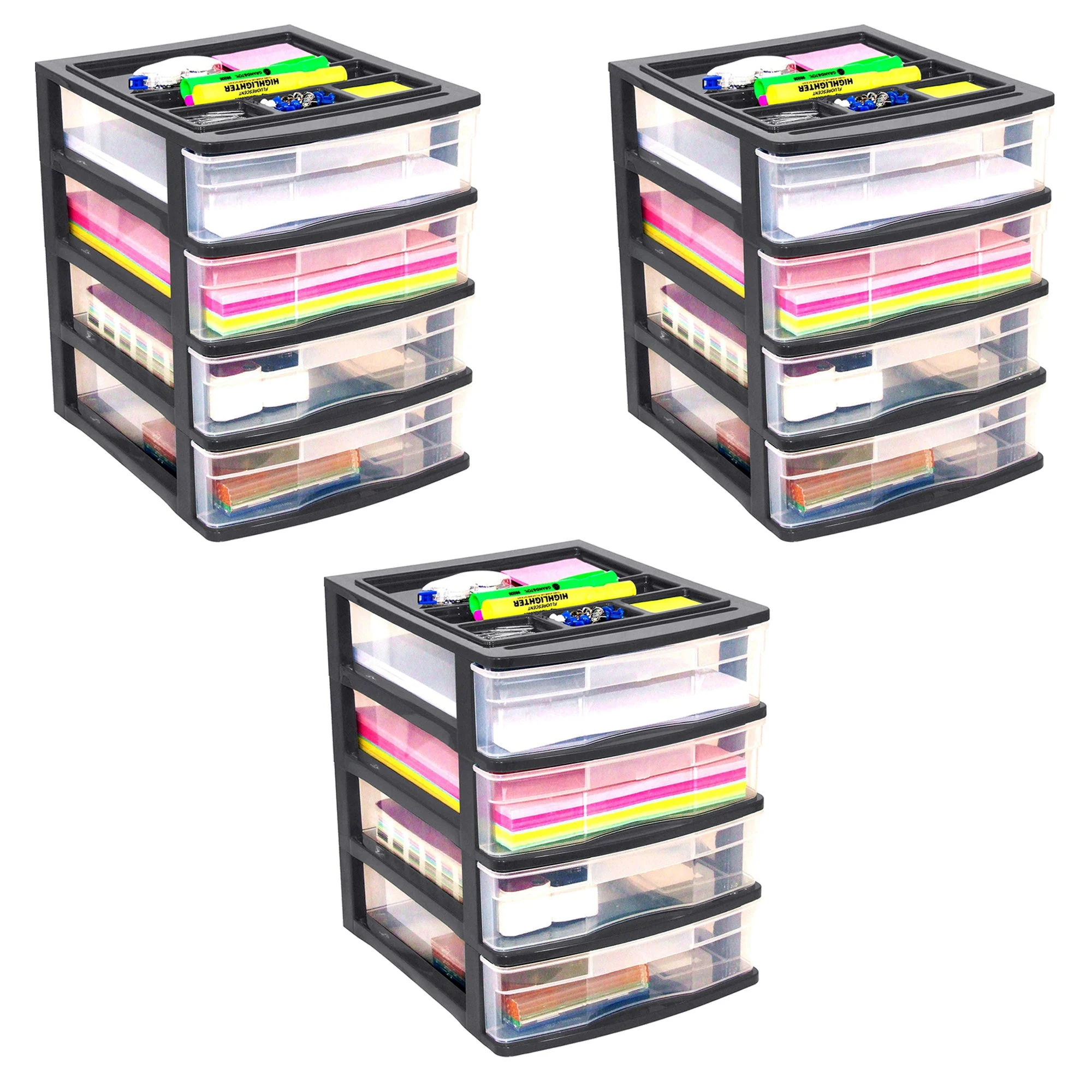 Gracious Living 4 Drawer Desktop Countertop Storage w/Organizer, Black (3 Pack)
