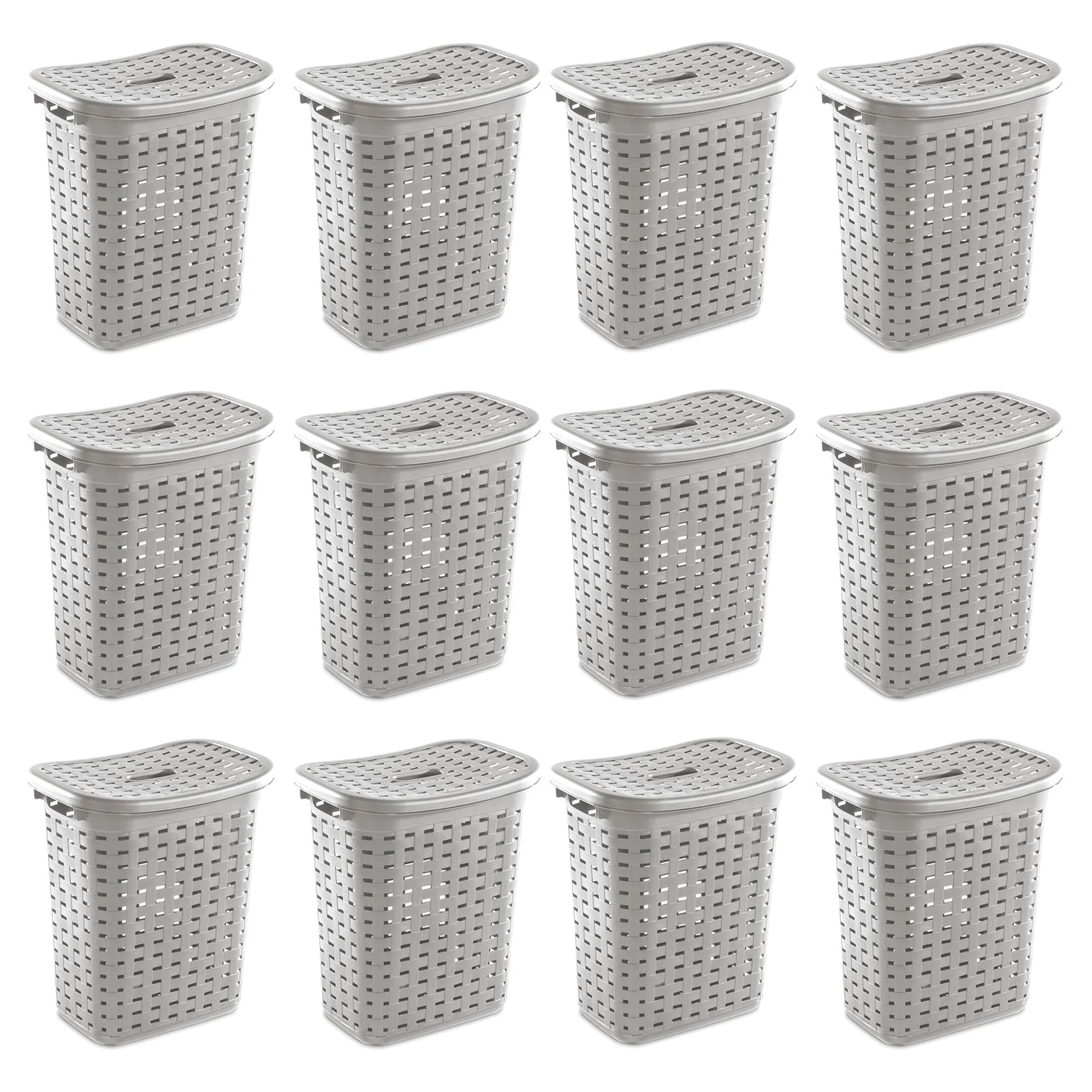 Sterilite Plastic Weave Laundry Hamper Slim Clothes Lidded Basket, Gray, 12-Pack