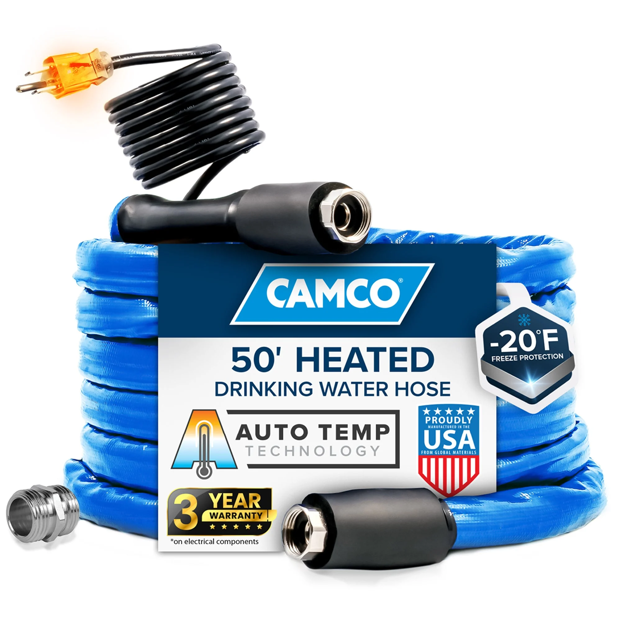 Camco 50 Ft Heated Water Hose for RV with Freeze Protection and Adapter, Blue