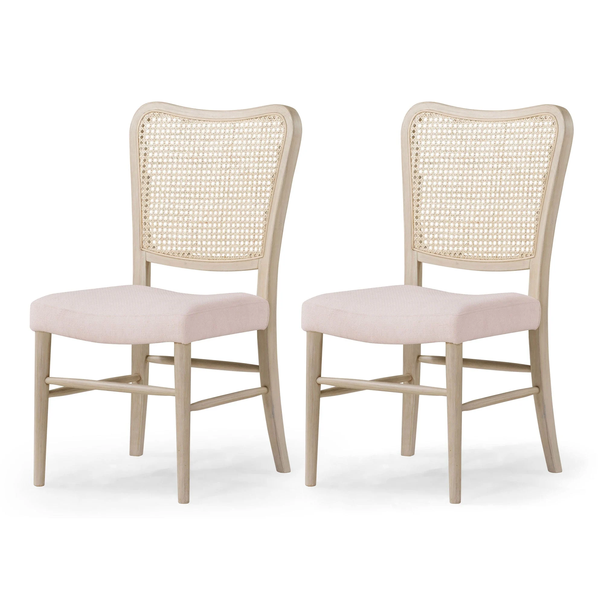 Maven Lane Vera Wood Dining Chair, Antique White & Cream Weave Fabric, Set of 2