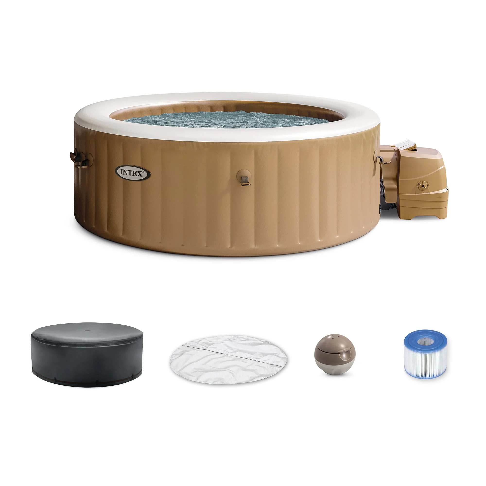 Intex PureSpa 4 Person Bubble Massage Inflatable Hot Tub Spa Set, Sahara Tan