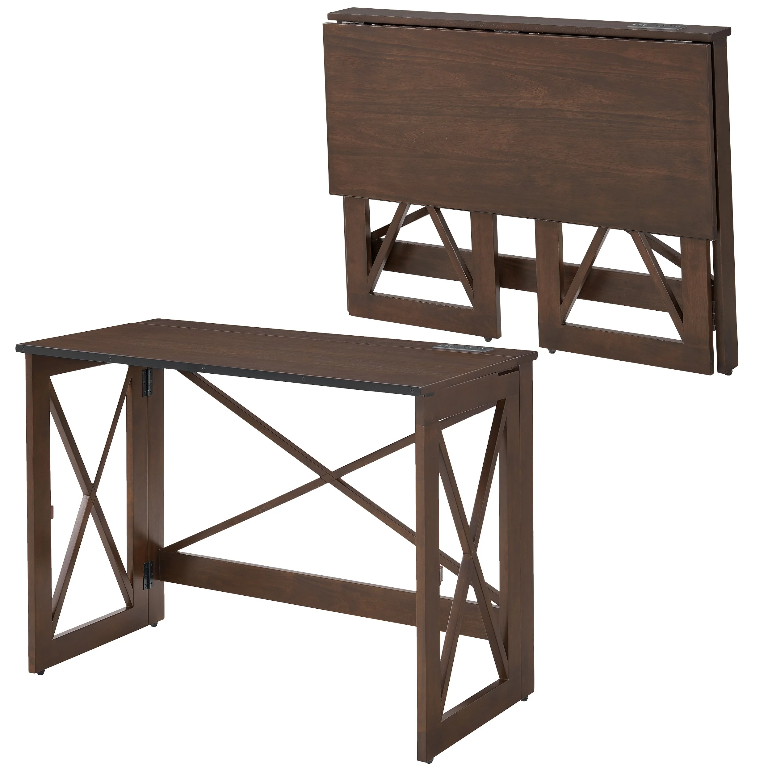 MECO Stakmore Stylish Versatile Folding Desk with Built In Outlets, Espresso