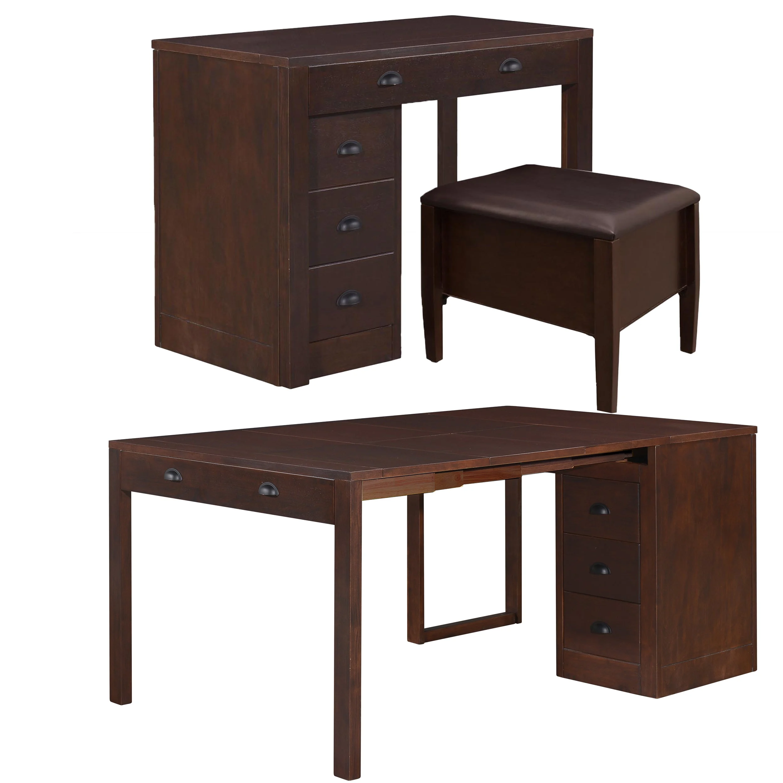 MECO Stakmore Wooden Made Expandable Desk with Ottoman and 3 Functioning Drawers