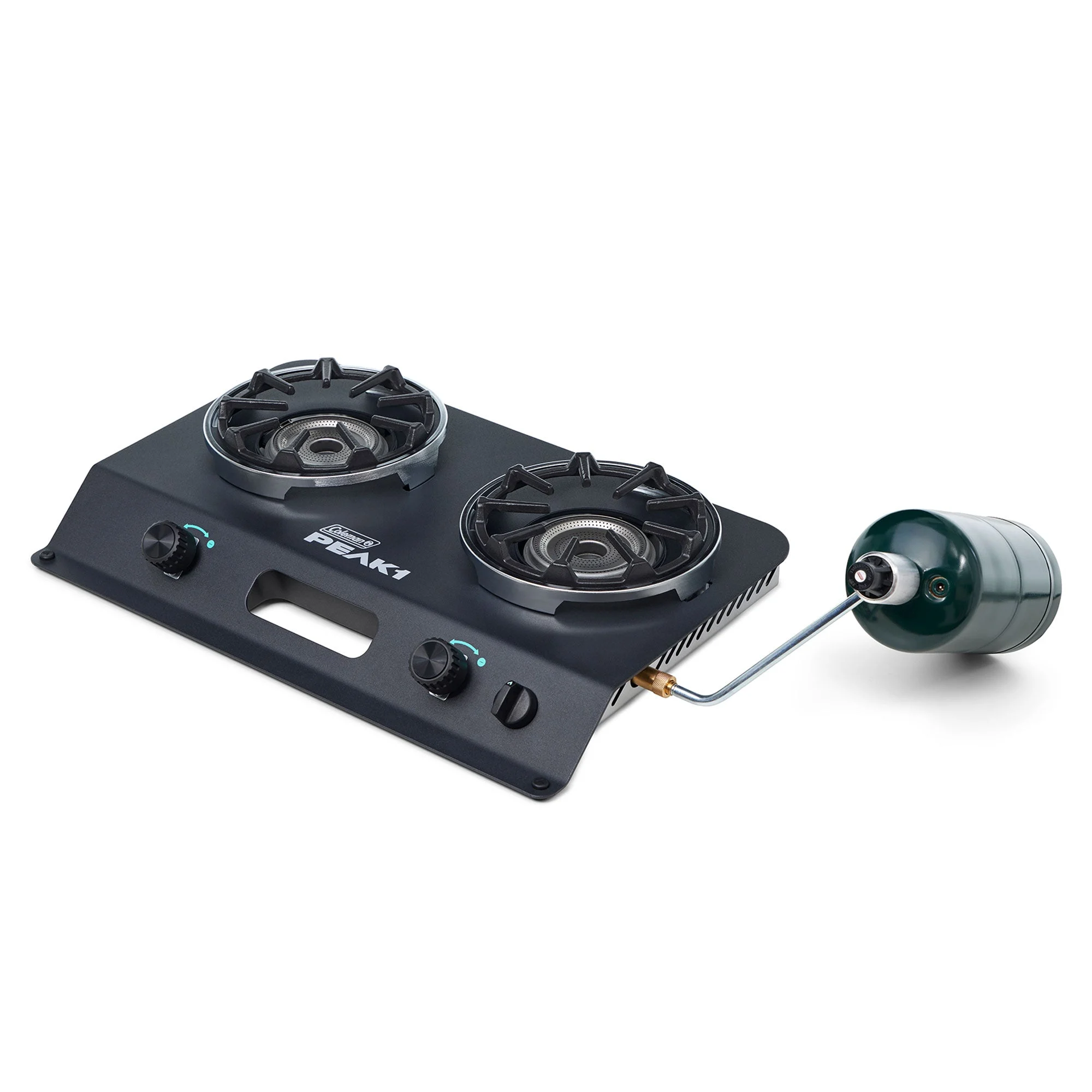 Coleman PEAK1 2 Burner Camping Stove with Matchless Lighting and Cast Iron Grate