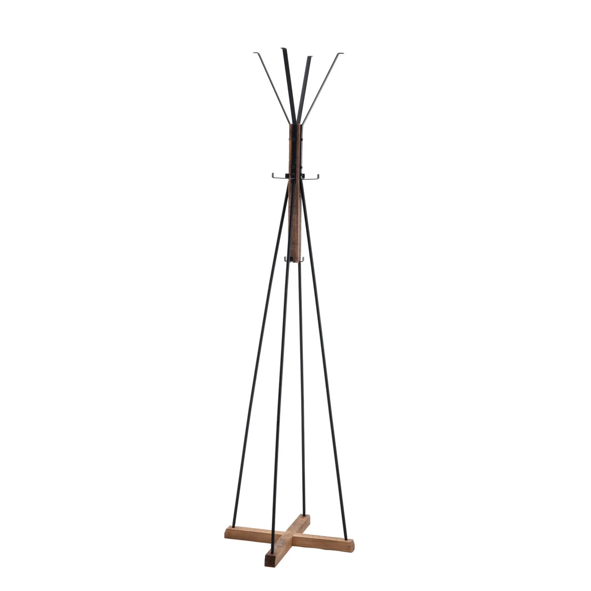 Benzara BM200128 8 Hook Wood and Metal Coat Rack with Cross Base, Brown & Black