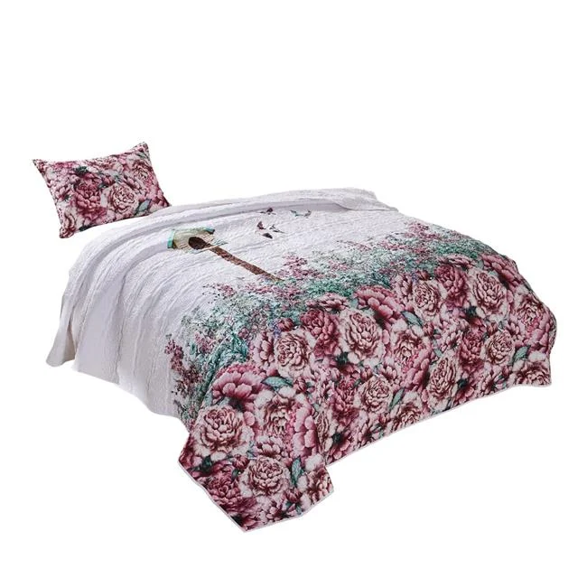 Benzara Two Piece Twin Size Fabric Quilt Set with Floral Prints, Multicolor