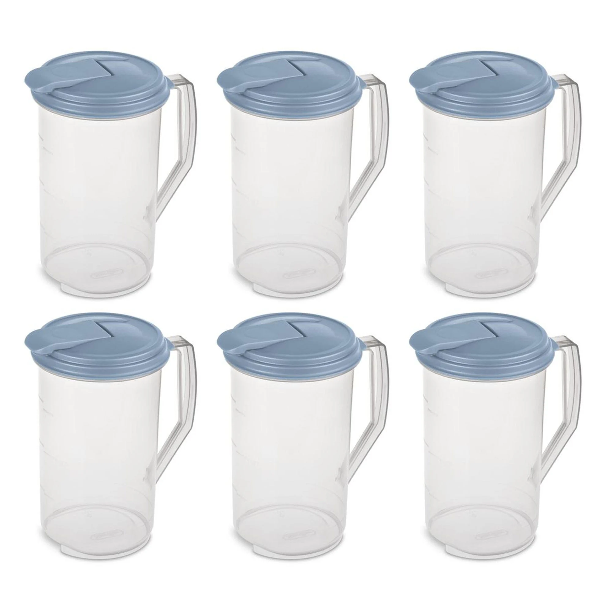 Sterilite 2 Quart Plastic Hinged Pitcher with Comfort Grip Handle, Blue, 6-Pack