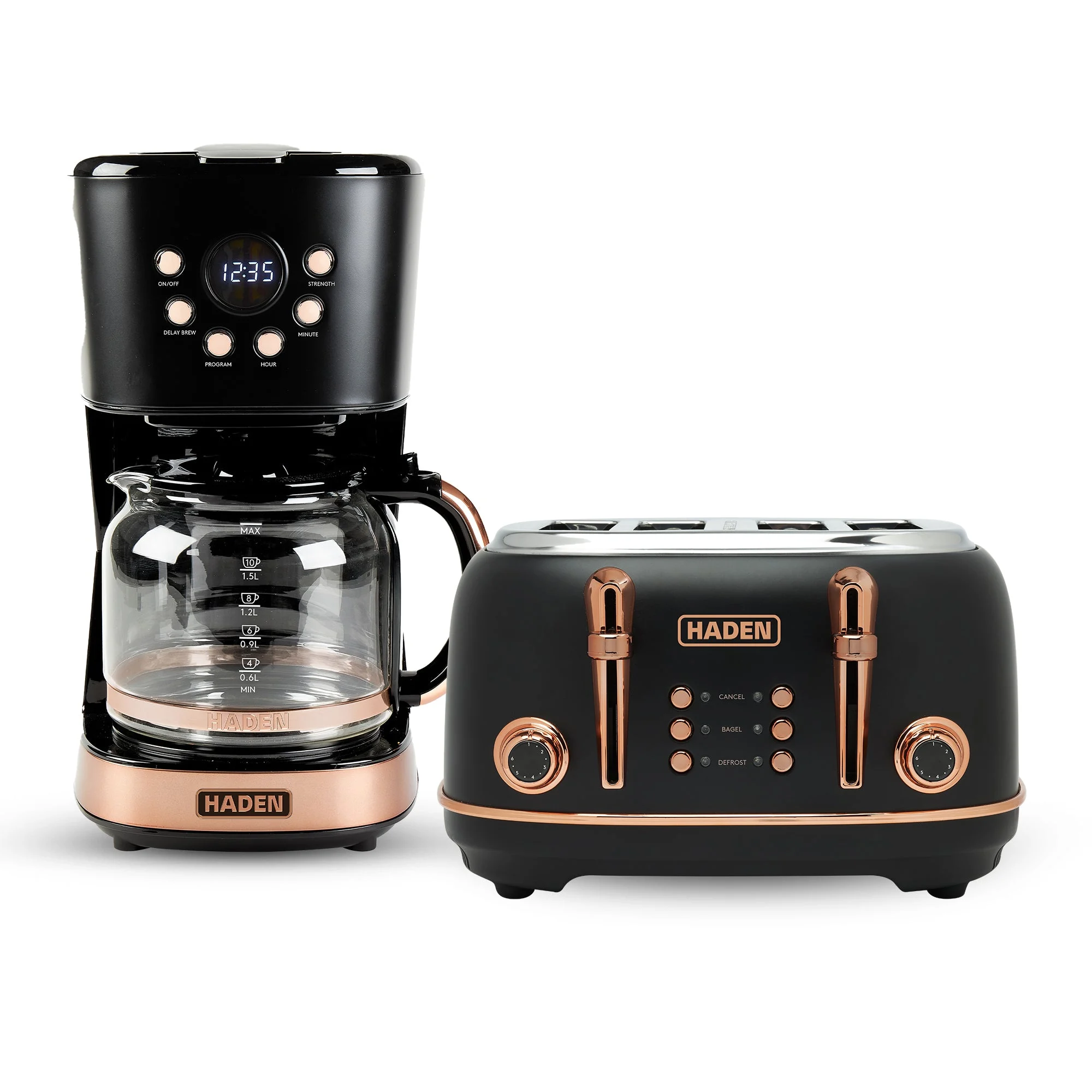 Haden Heritage 4 Slice Wide Slot Toaster & 12 Cup Coffee Maker, Black & Copper