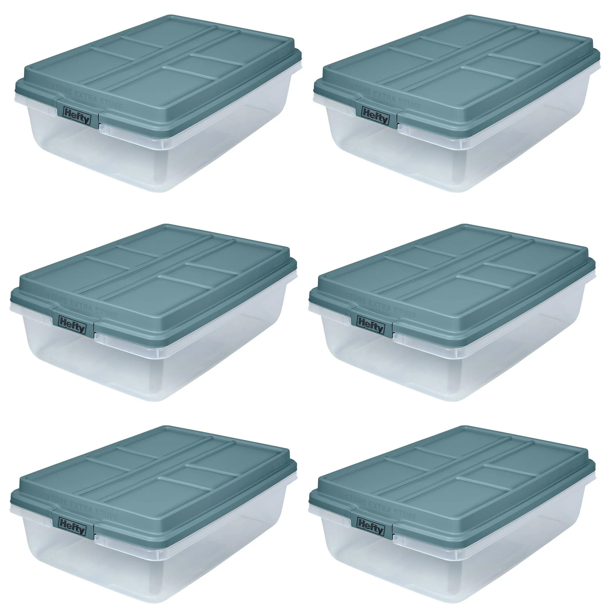 Hefty 40 Qt Hi-Rise Stackable Plastic Storage Bin with Lid, 6 Pack, Smoke Blue