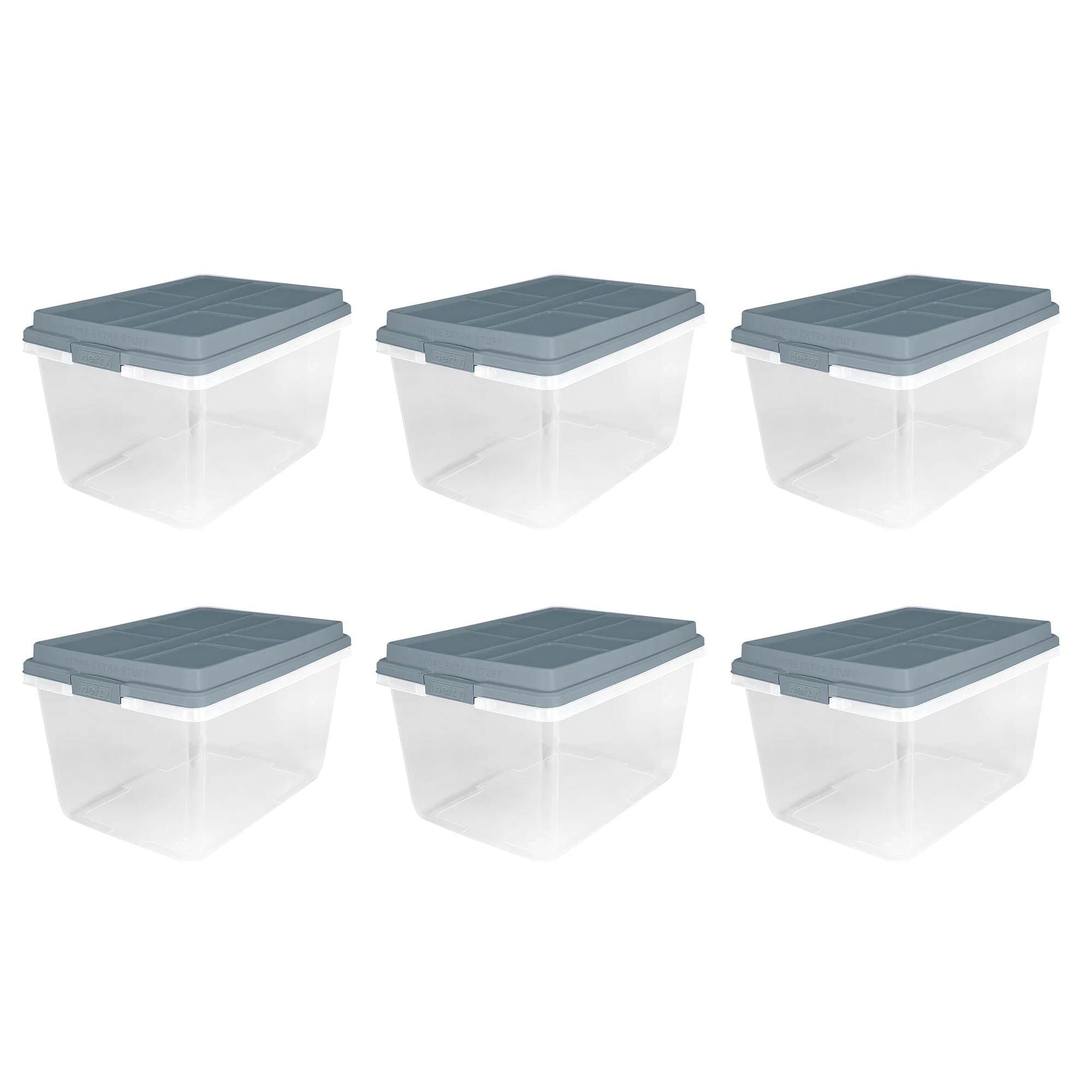 Hefty 72 Qt Hi-Rise Stackable Plastic Storage Bin with Lid, 6 Pack, Smoke Blue