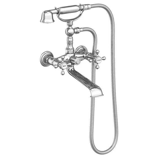Chesterfield Two Handle Wall-Mount Tub Filler with Cross Handles with Handshower - Polished Chrome