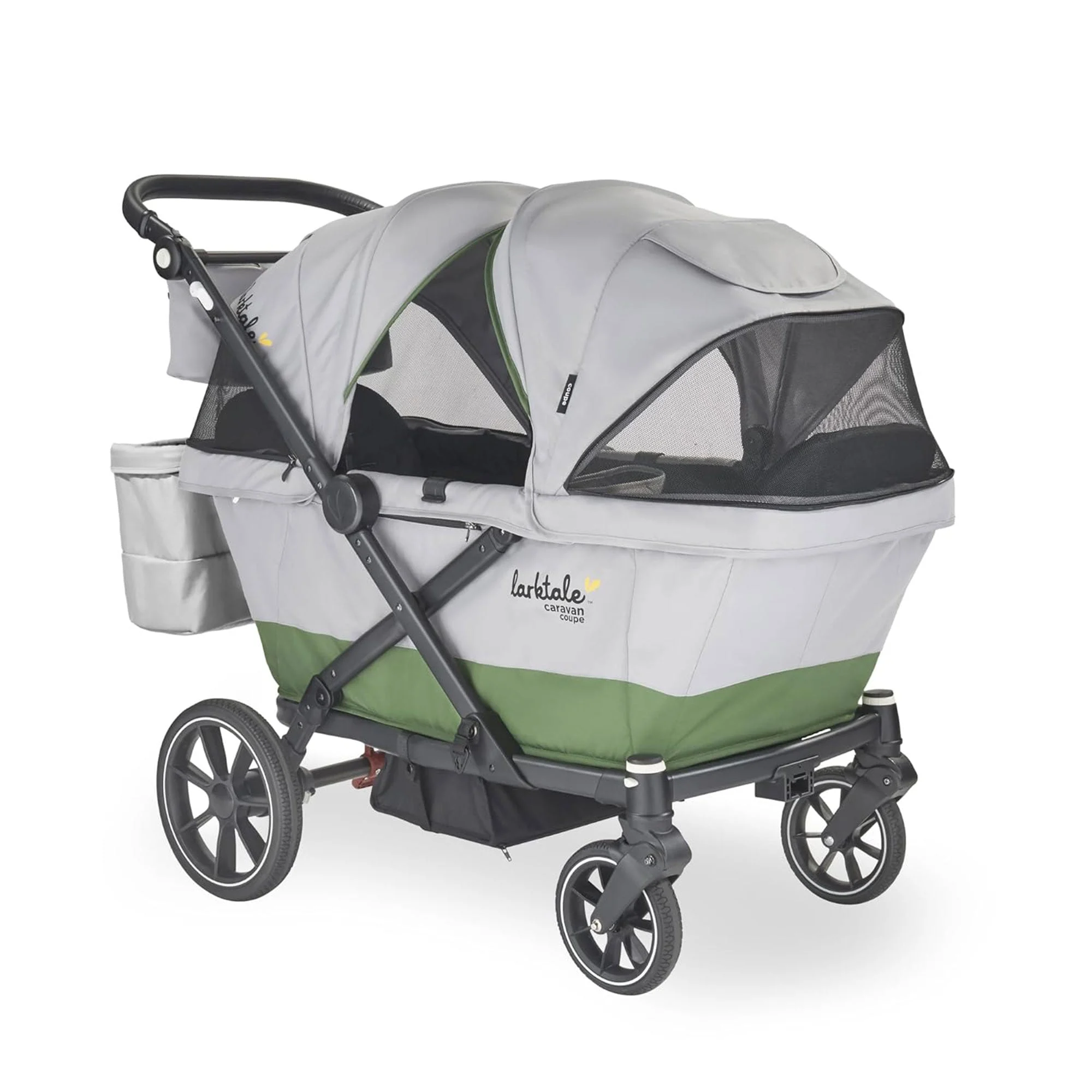 Larktale Caravan Coupe V2 Compact Stroller, Reclining 2-Seat Wagon, Gray/Green
