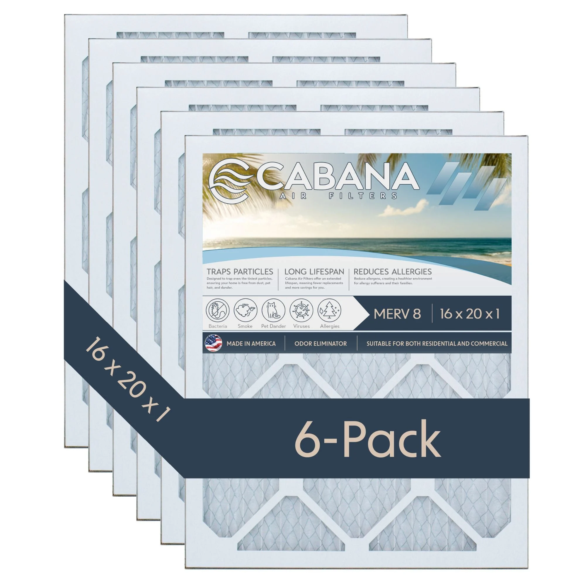 Cabana Air Filters 6 Pack HVAC Furnace Air Filters, MERV 8, 16 x 20 x 1, White