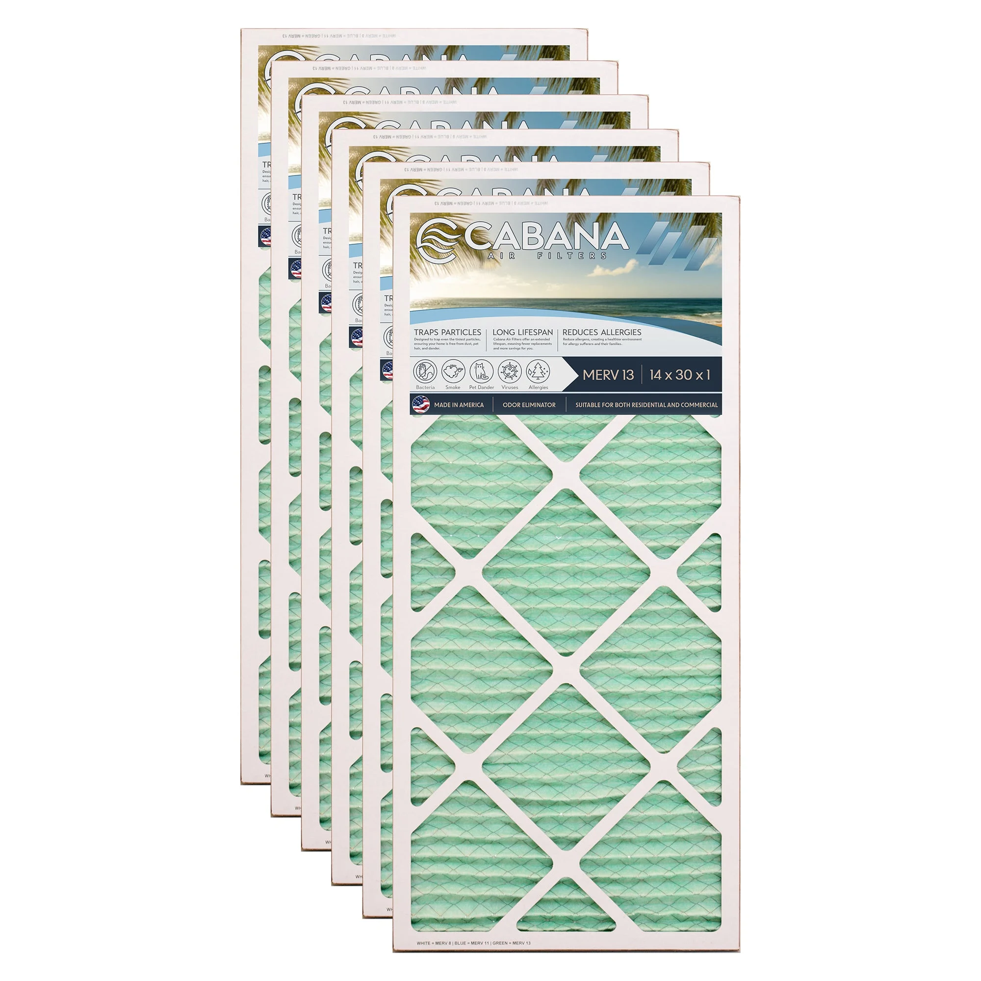 Cabana Air Filters 6 Pack HVAC Furnace Air Filters, MERV 13, 14 x 30 x 1, White