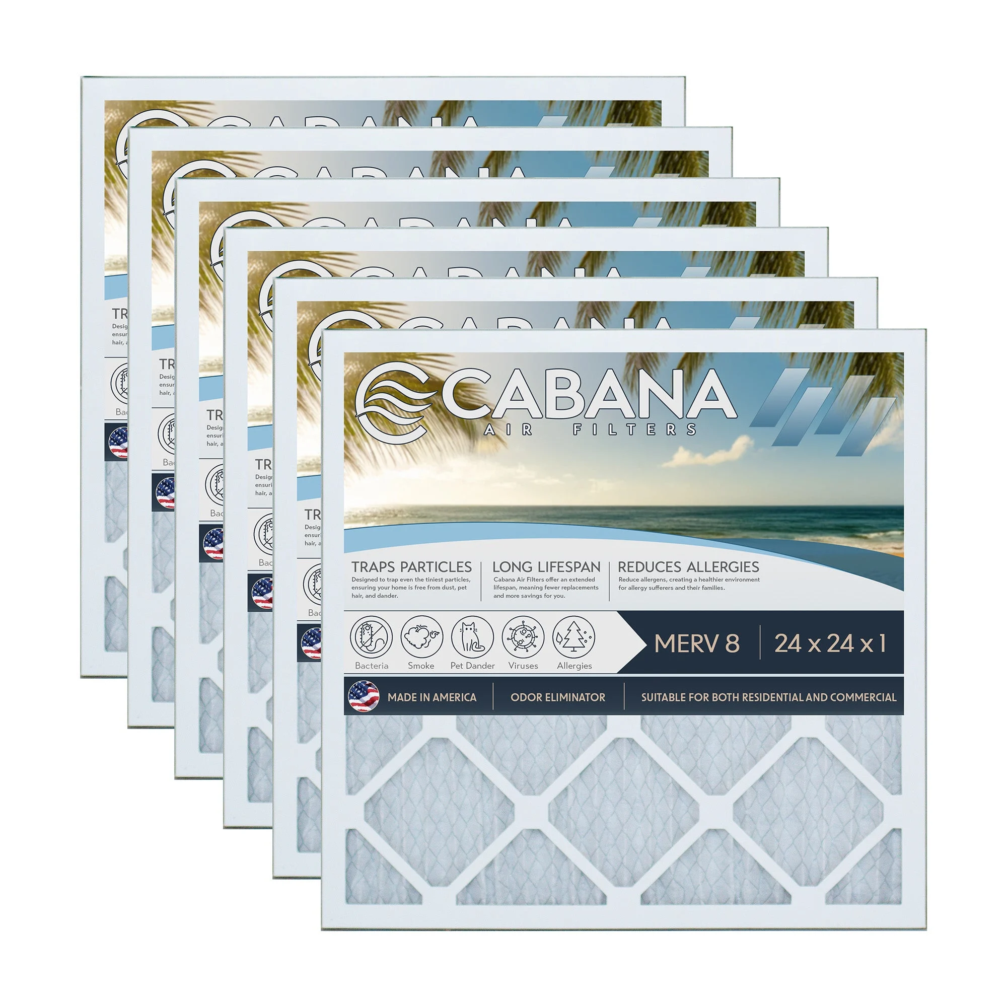 Cabana Air Filters 6 Pack HVAC Furnace Air Filters, MERV 8, 24 x 24 x 1, White