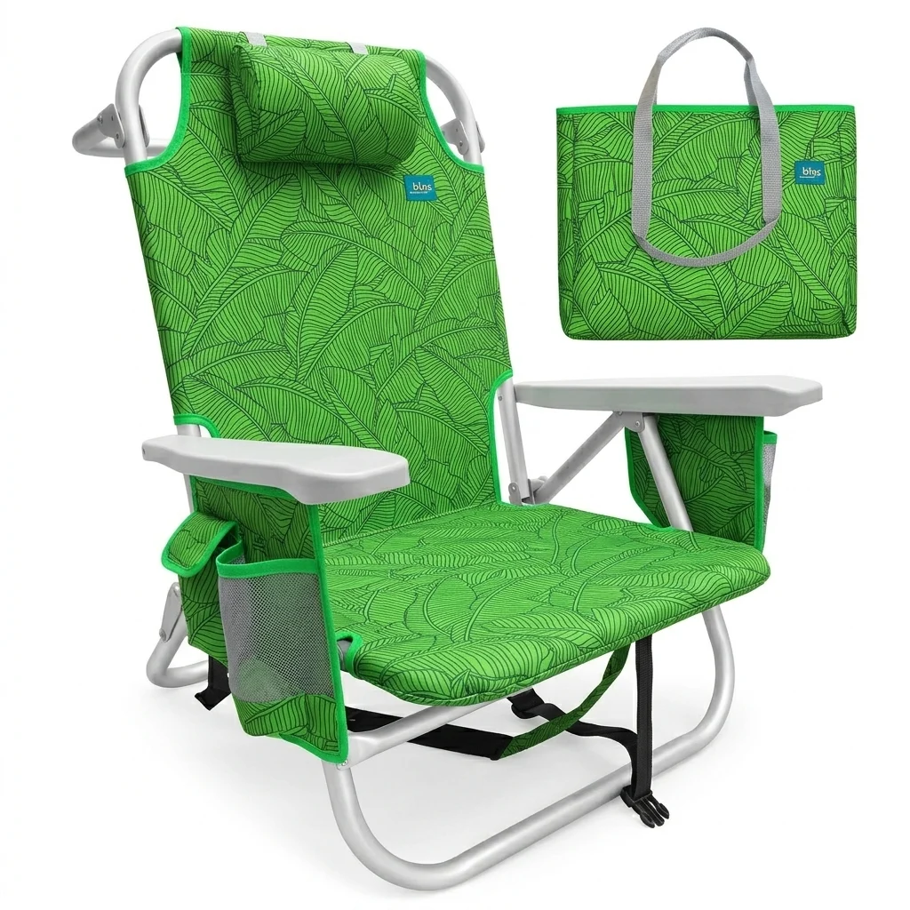 Bliss Hammocks Folding Beach Chair Recliner w/ Detachable Cooler, Banana Leaves