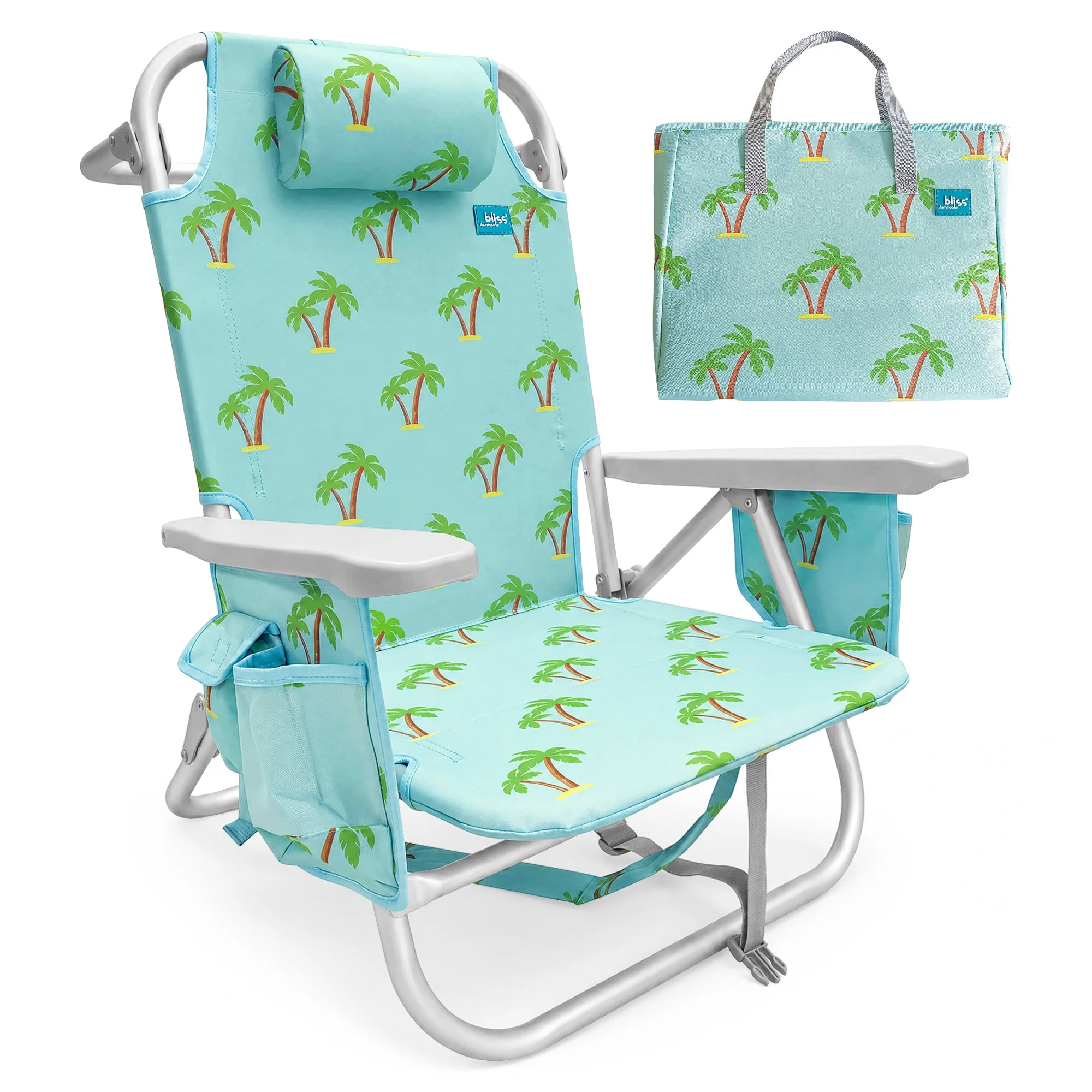 Bliss Hammocks Folding Beach Chair Recliner with Detachable Cooler, Palm Tree