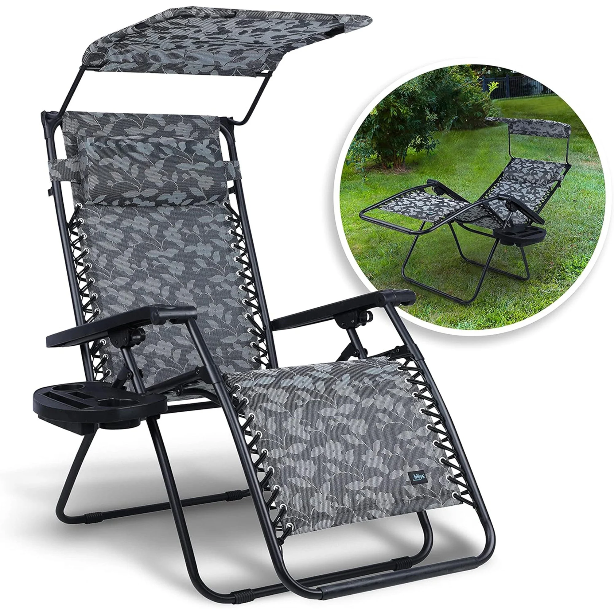 Bliss Hammocks 33" Wide XXL Zero Gravity Outdoor Lounge Chair w/ Canopy, Gray