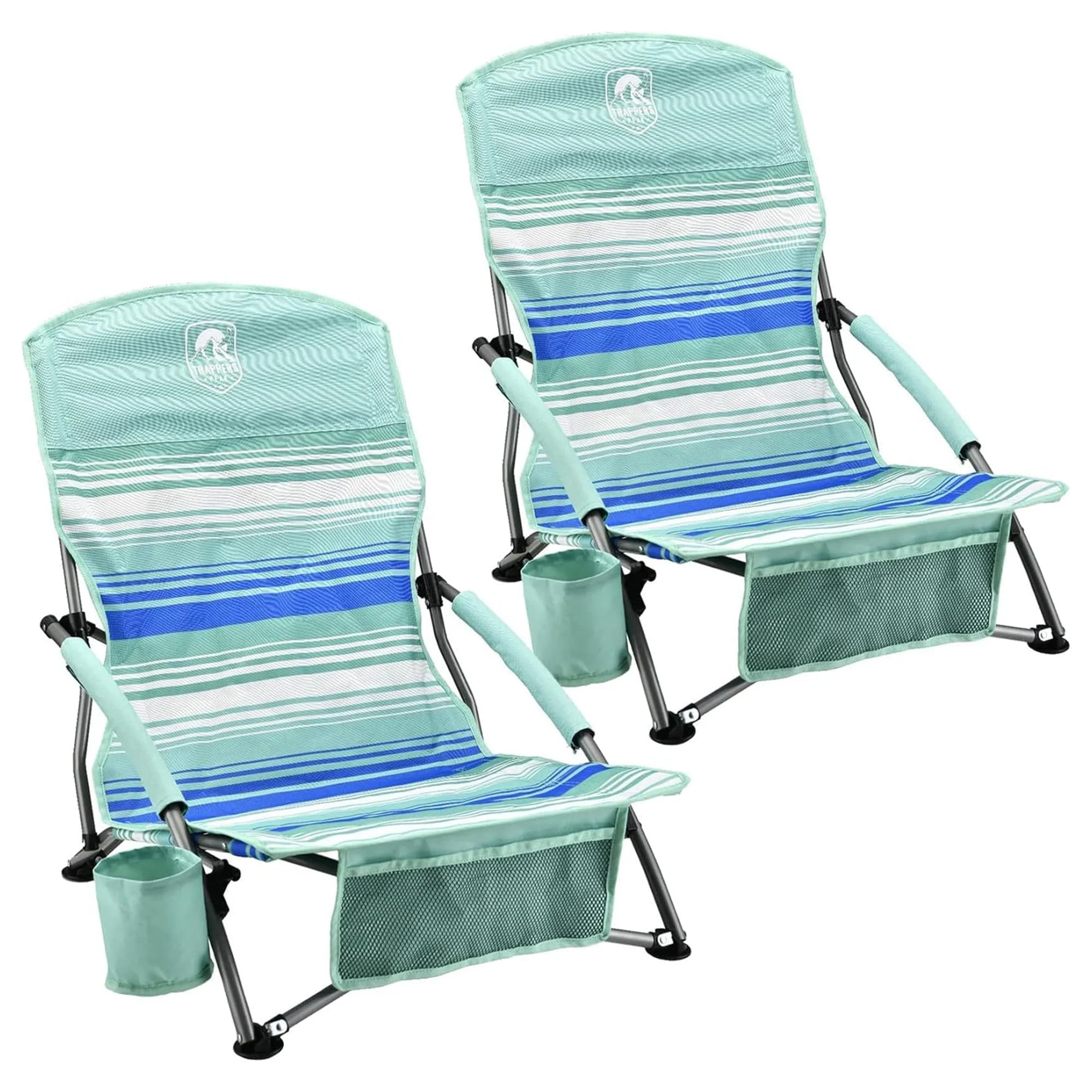 Trapper’s Peak 2 Pack Low Profile Folding Beach Chairs, Cup Holder, Bag, Green