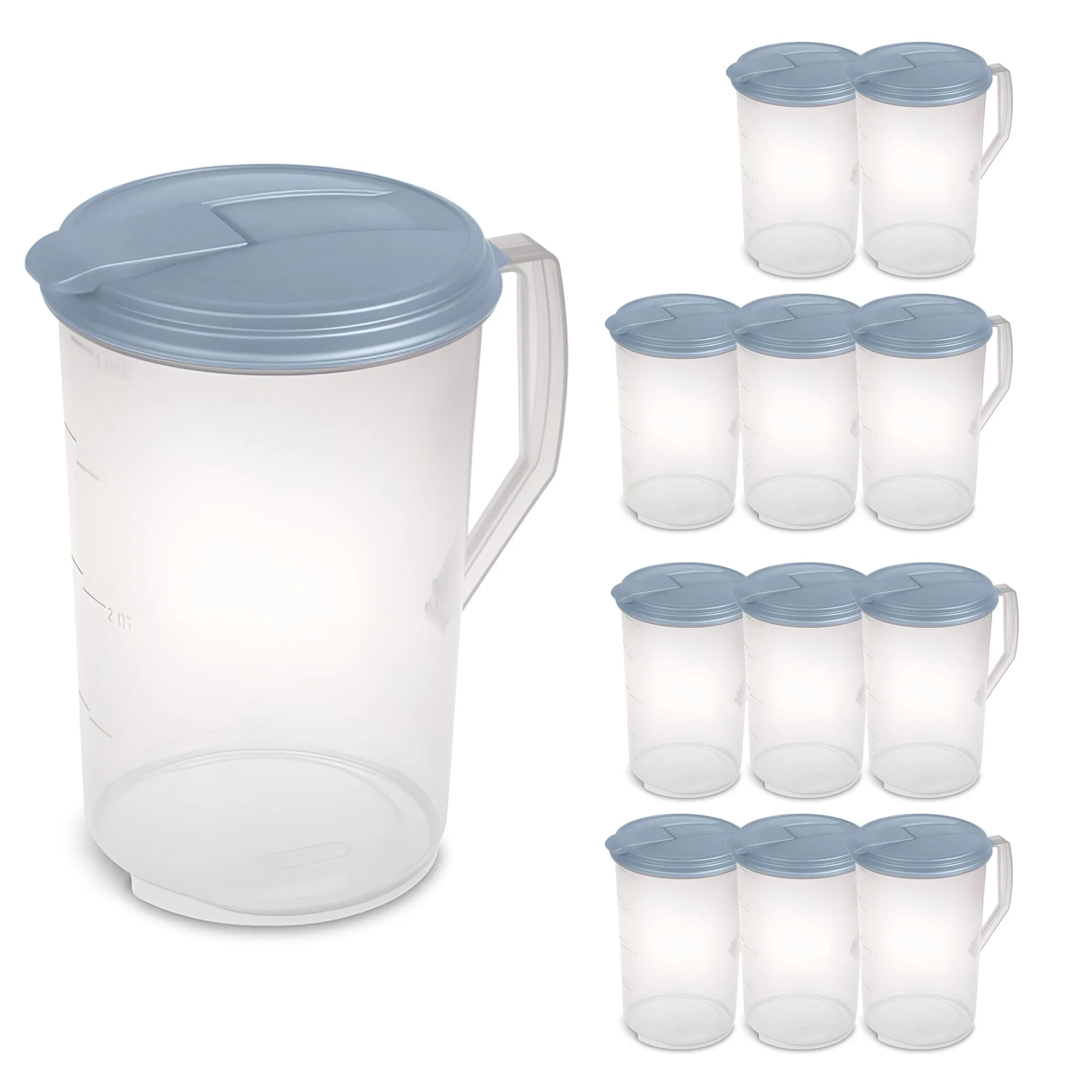 Sterilite 12 Pack 1 Gal Round Pitcher, Flip Lid Drink Dispenser Jug, Washed Blue