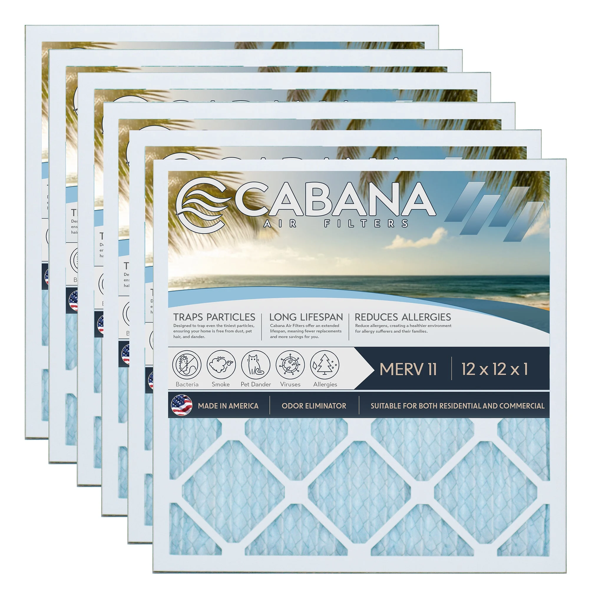 Cabana Air Filters 6 Pack HVAC Furnace Air Filters, MERV 11, 12 x 12 x 1, White