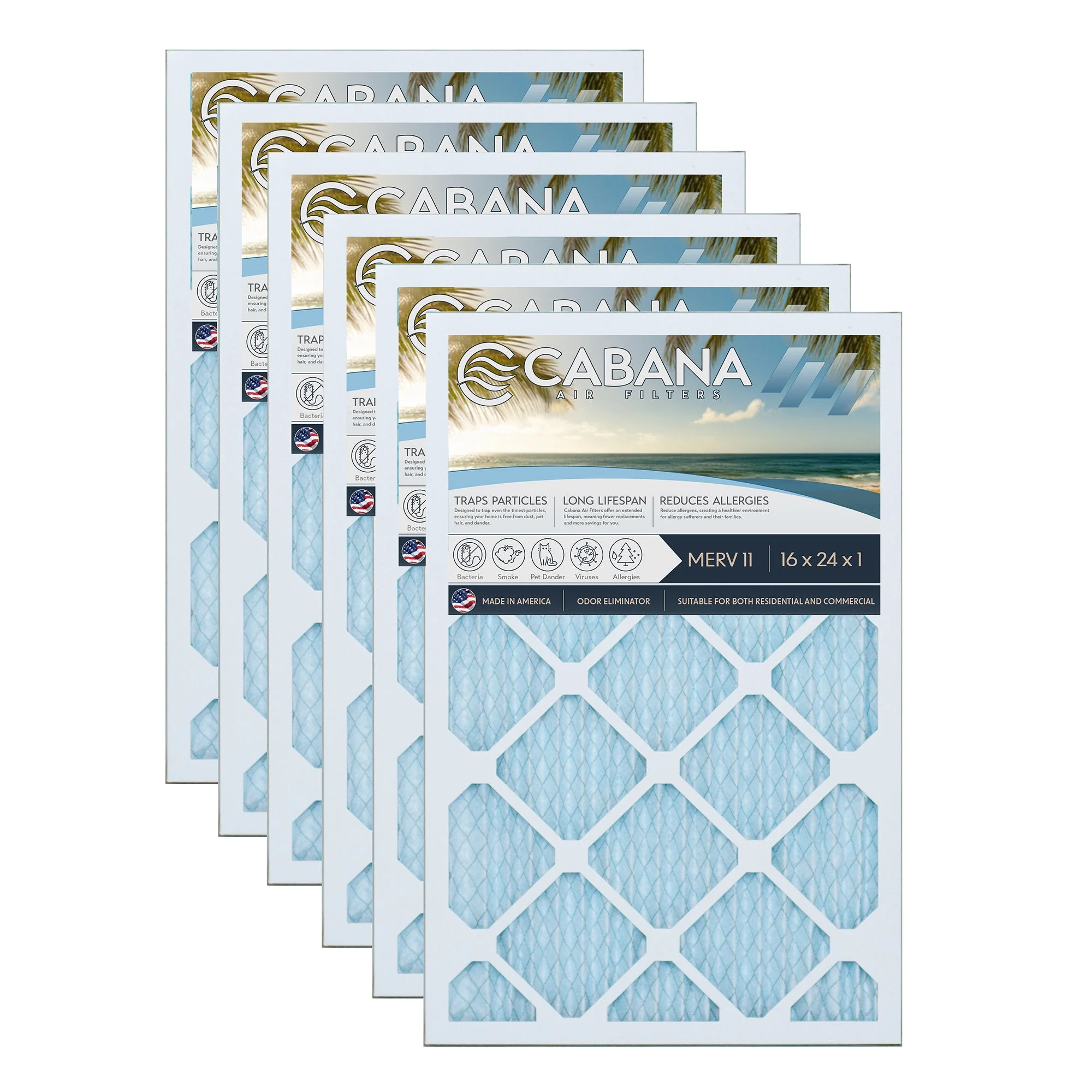 Cabana Air Filters 6 Pack HVAC Furnace Air Filters, MERV 11, 16 x 24 x 1, White