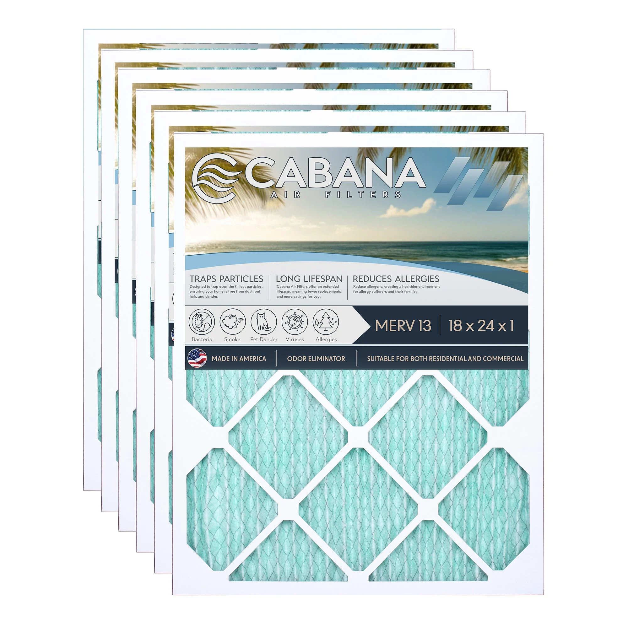Cabana Air Filters 6 Pack HVAC Furnace Air Filters, MERV 13, 18 x 24 x 1, White