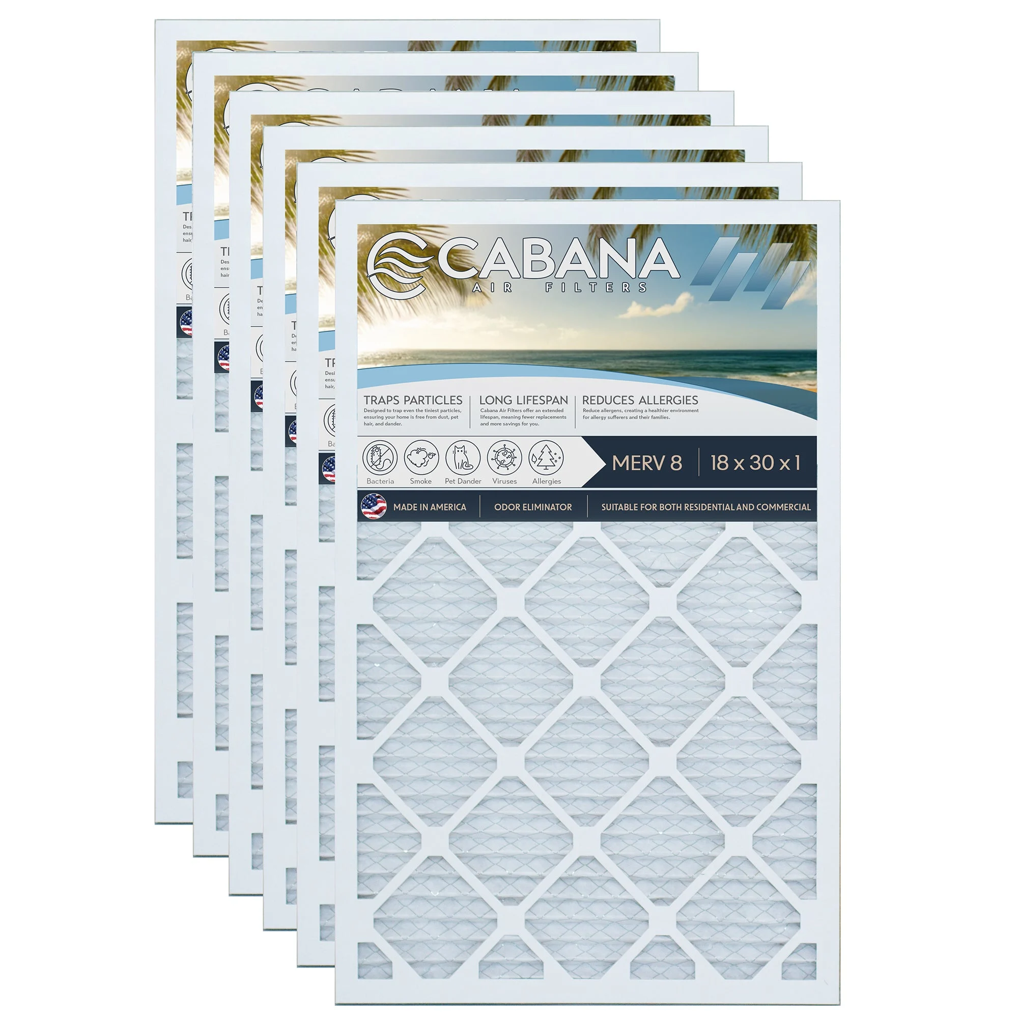 Cabana Air Filters 6 Pack HVAC Furnace Air Filters, MERV 8, 18 x 30 x 1, White