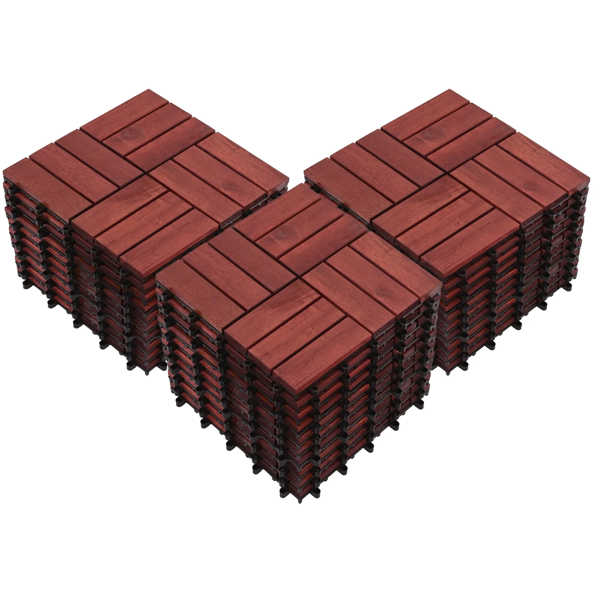 Bliss Outdoors Hardwood 12-Slat Interlocking Wood Deck Tiles, Red, Set of 30