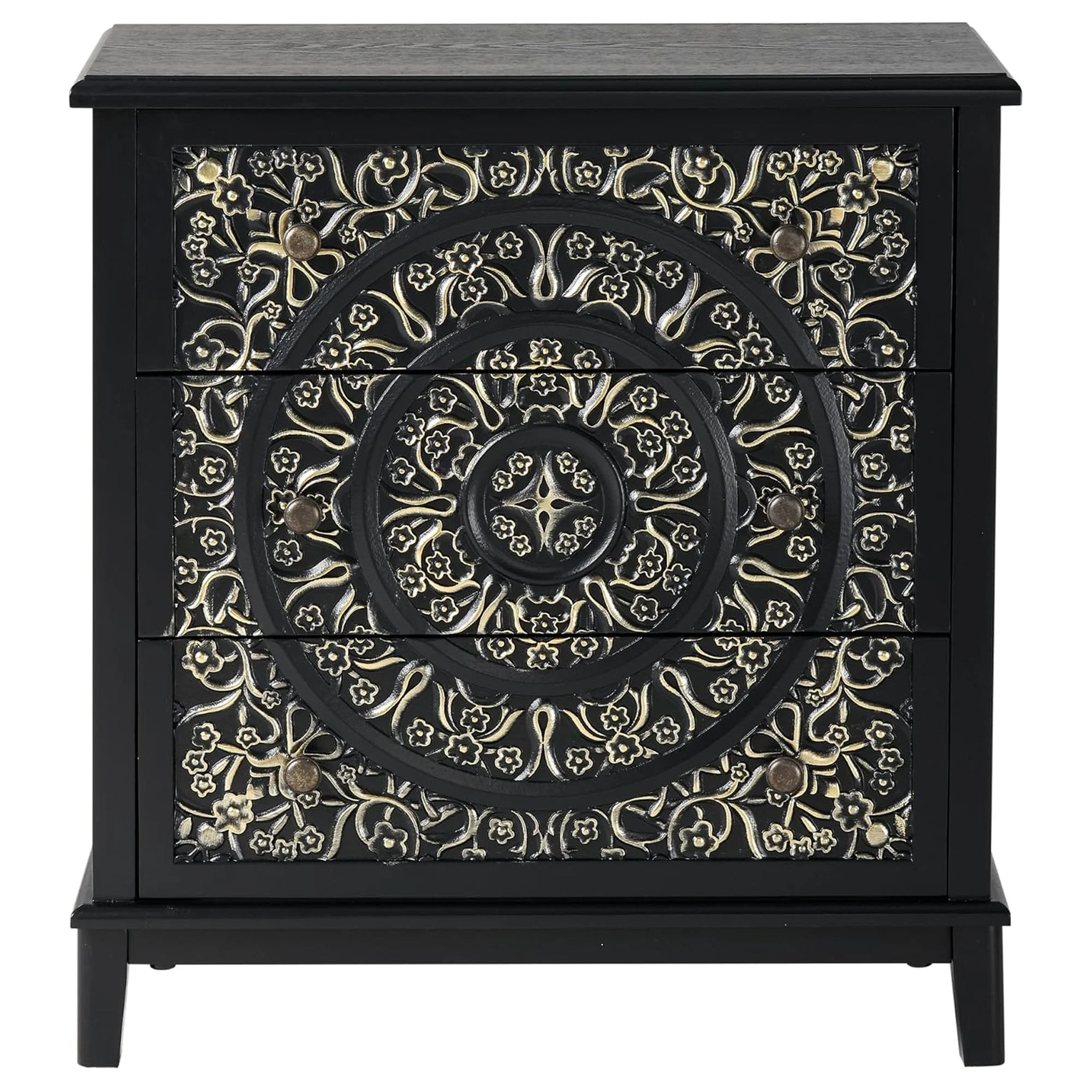 COZAYH 3-Drawer Flower Motif Dresser Fully Assembled Furniture, Gold & Black