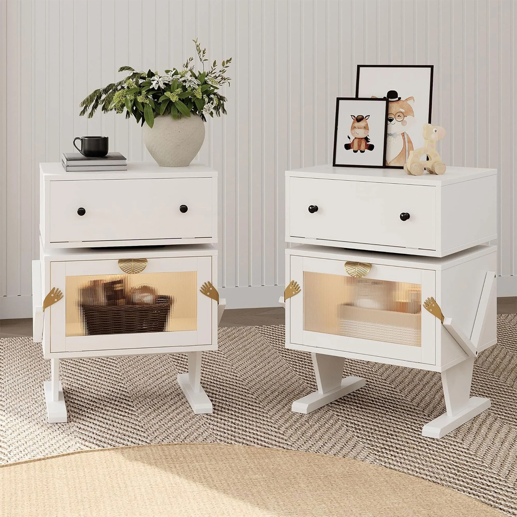 RoyalCraft Nightstand with LED, Rotating Drawer and Glass Door, Set of 2, White