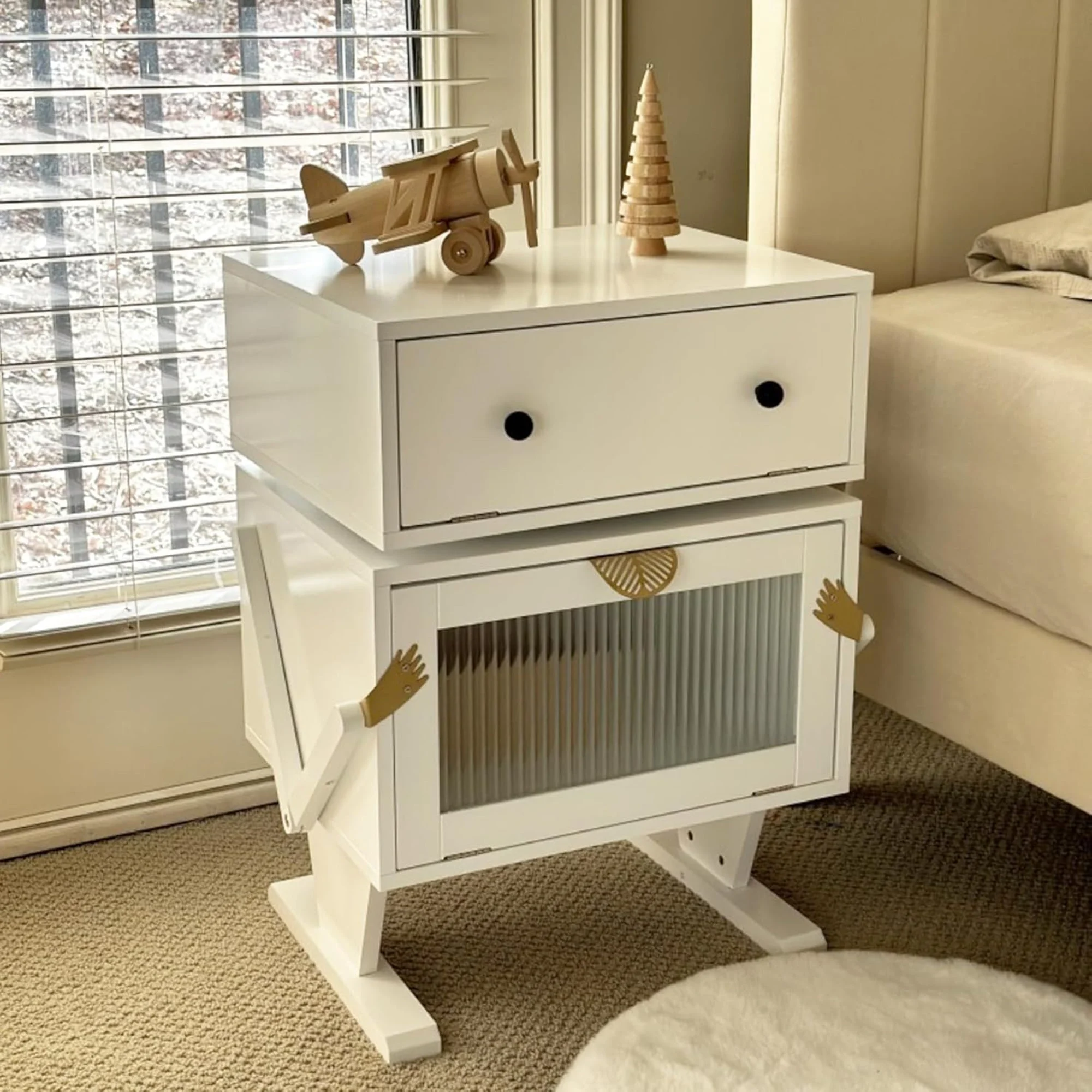 RoyalCraft Nightstand with LED Light Strips, Rotating Drawer & Glass Door, White