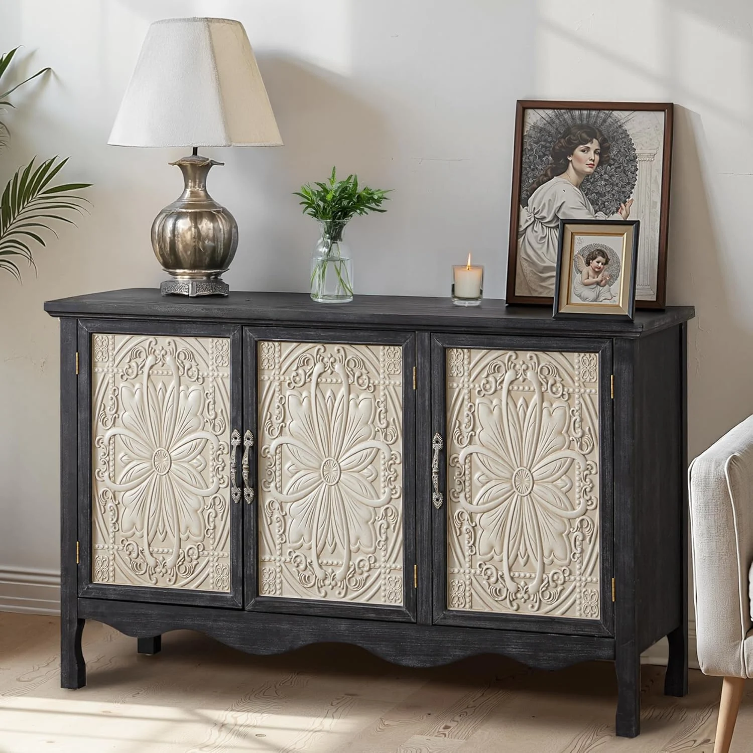 RoyalCraft Farmhouse Buffet Cabinet Solid Wood Sideboard Storage Table, Black