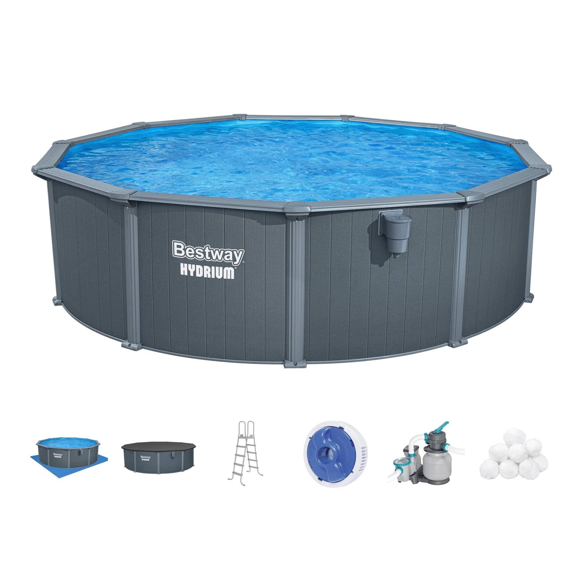 Bestway Hydrium 16' x 52" Round Steel Wall Above Ground Swimming Pool Set, Gray