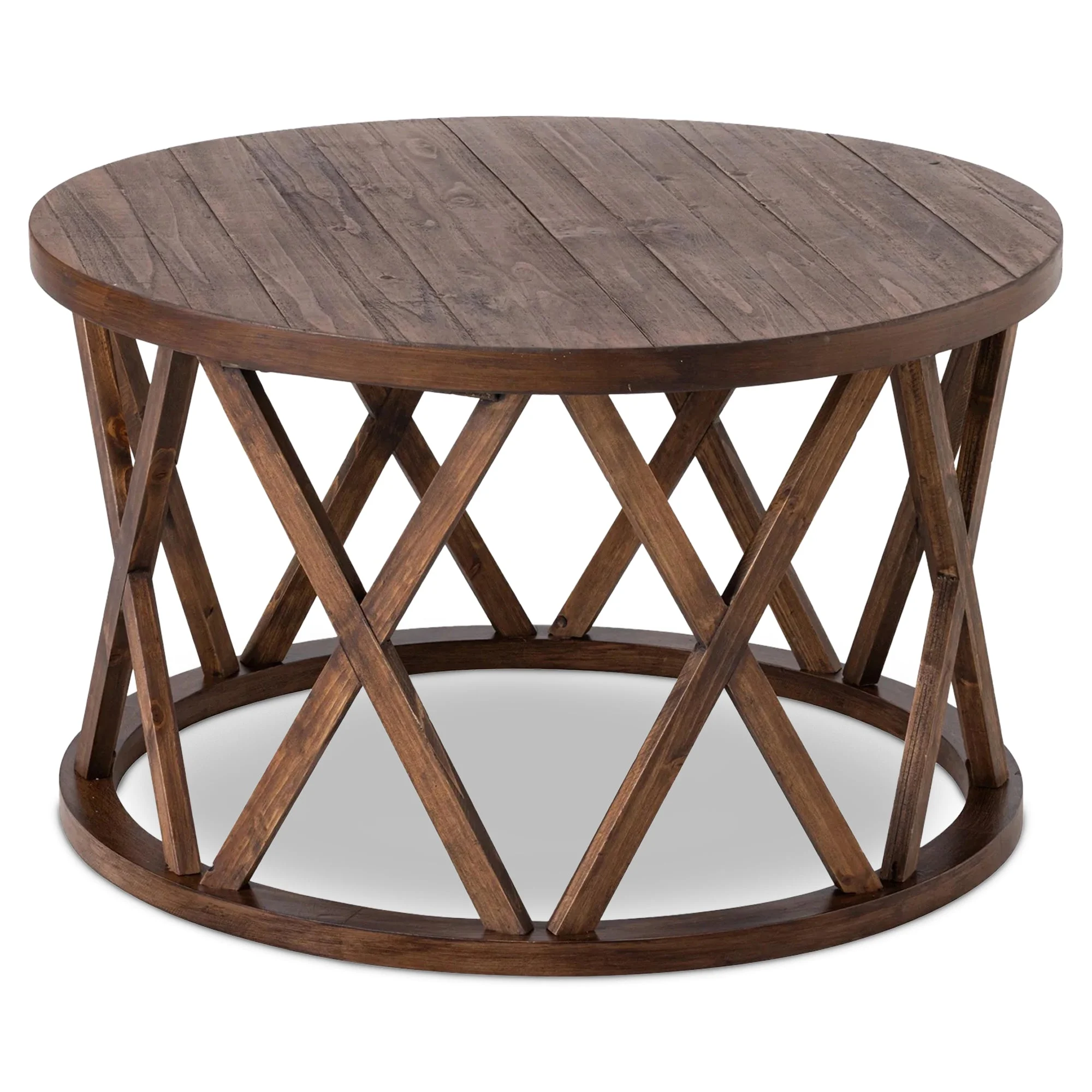 COZAYH Rustic Round Coffee Table with X-Motif Base for Living Room, Brown