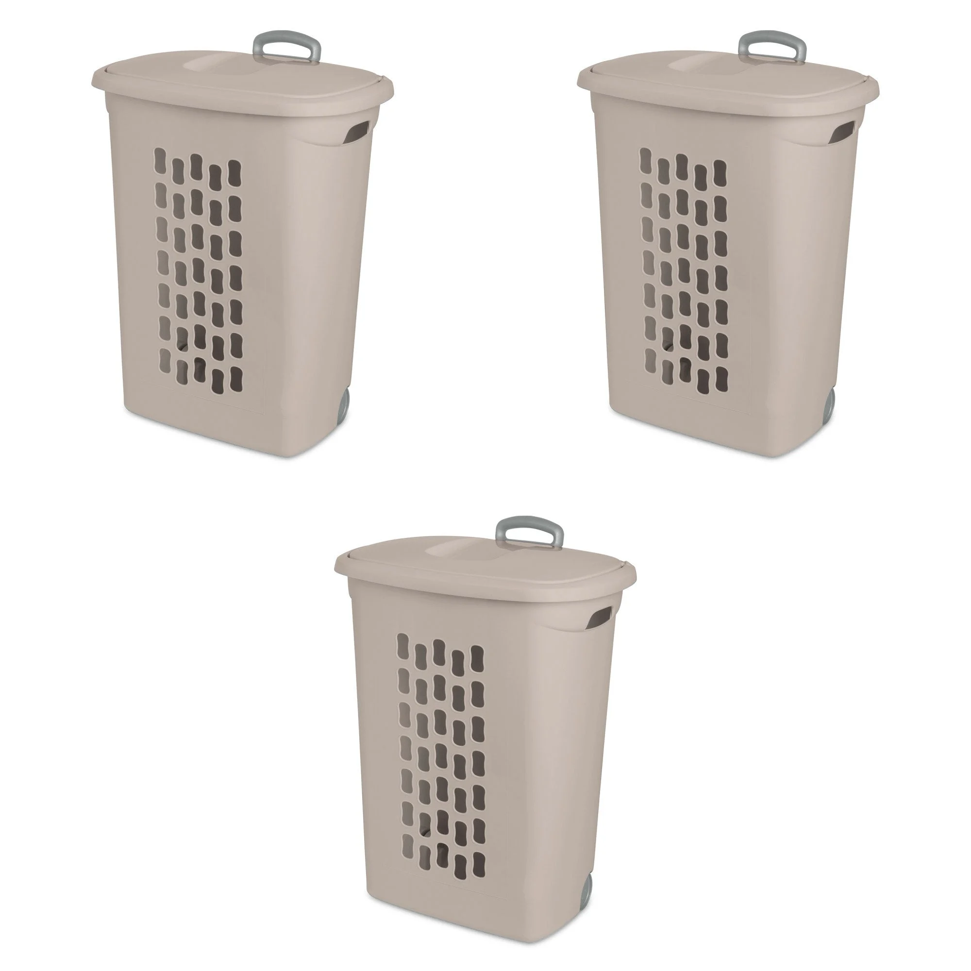Sterilite Ultra Wheeled Hamper, Laundry Basket with Lid and Handle, Grey, 3 Pack