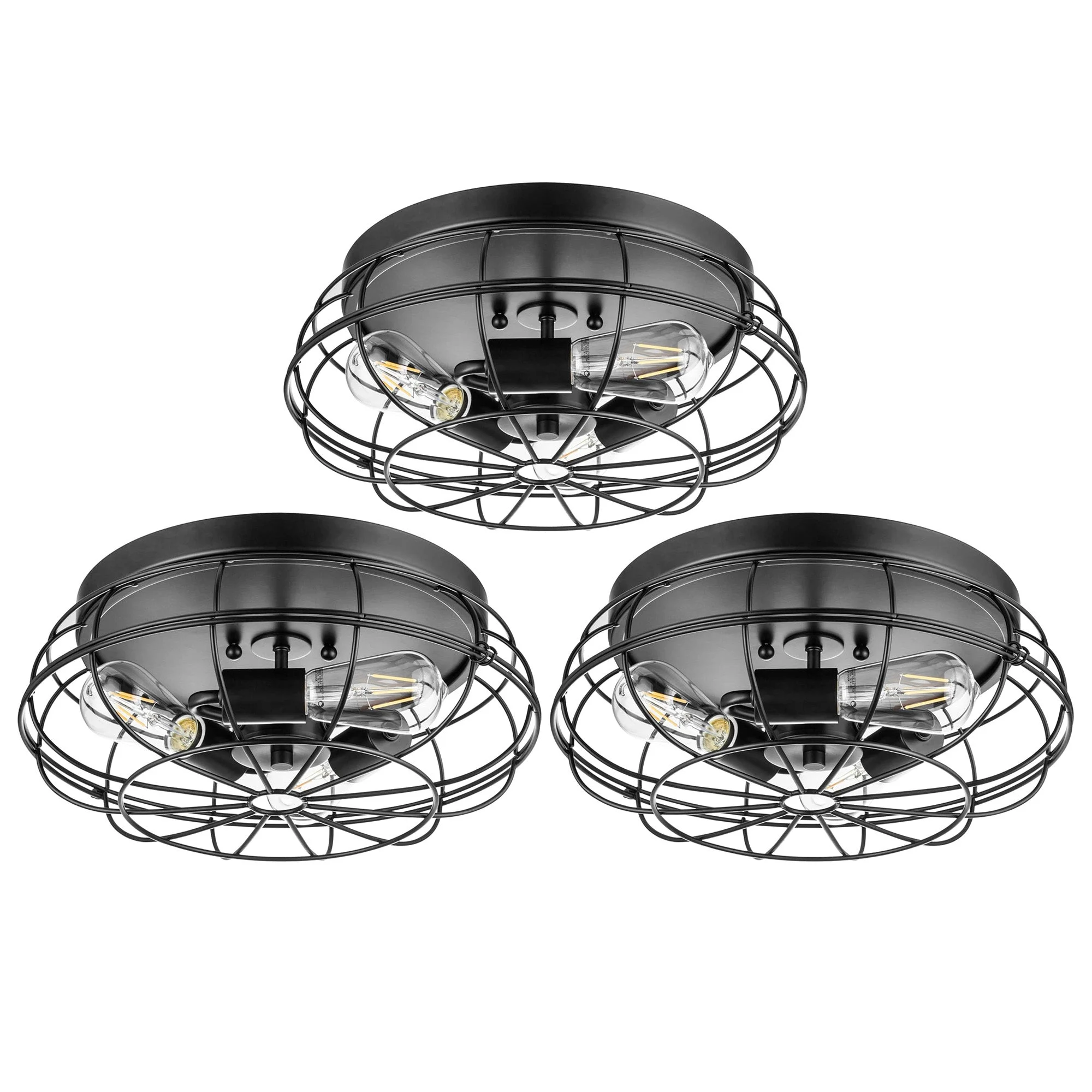Prominence Home 3 Pack Lincoln Woods 15" Flush Ceiling Mount Light & Cage, Black
