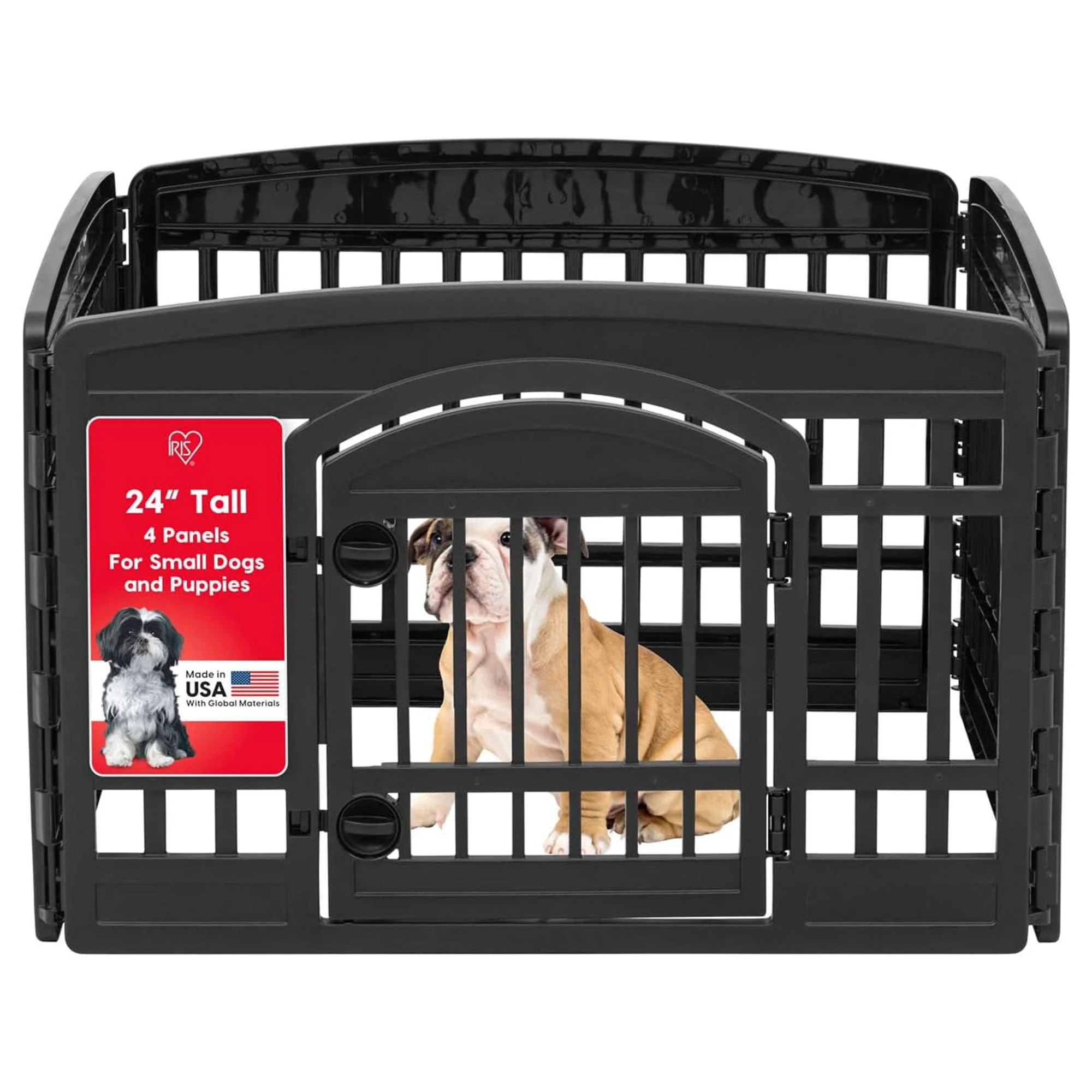 IRIS USA 24" Dog Playpen with Door, 4-Panel Pet Enclosure for Small Dogs, Black